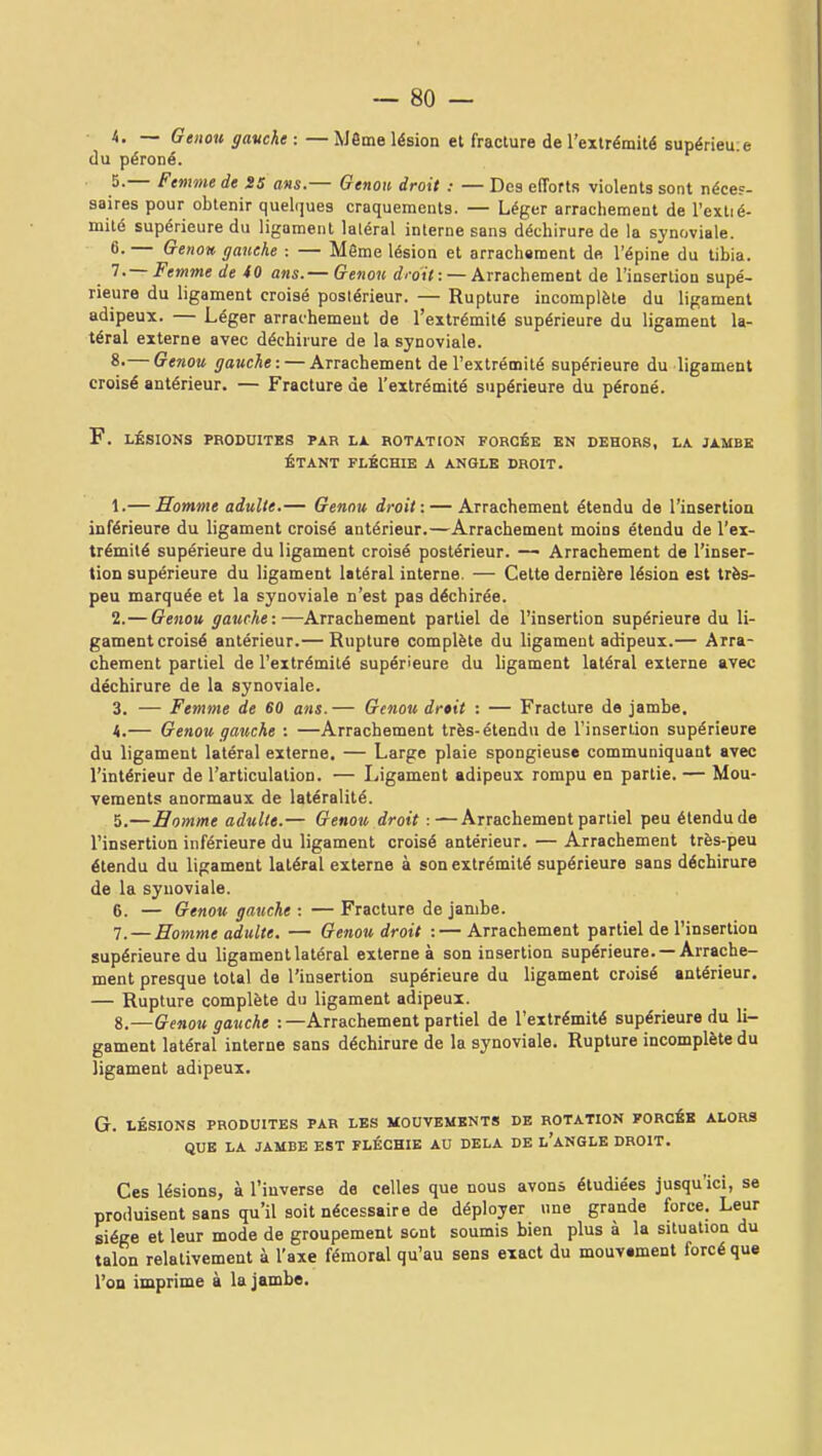 • 4. — Genou gauche : — WSme lésion et fracture de l'extrémité supérieu;e du péroné. 5. — Femme de 2S ans.— Genoii droit : — Des efforts violents sont néccF- saires pour obtenir quelques craquements. — Léger arrachement de l'extié- mité supérieure du ligament laléral interne sans déchirure de la synoviale. 6. — Genon ganehe : — Même lésion et arrachsment de l'épine du tibia. —Femme de 40 ans.— Genou di-oit: — Arrachement de l'insertion supé- rieure du ligament croisé postérieur. — Rupture incomplète du ligament adipeux. — Léger arrachement de l'extrémité supérieure du ligament la- téral externe avec déchirure de la synoviale. 8-—Genou gauche: — Arrachement de l'extrémité supérieure du ligament croisé antérieur. — Fracture de l'extrémité supérieure du péroné. F. LÉSIONS PRODUITES PAR LA ROTATION FORCÉE EN DEHORS, LA JAMBE ÉTANT FLÉCHIE A ANGLE DROIT. 1. — Homme adulte.— Genou droit: — Arrachement étendu de l'insertion inférieure du ligament croisé antérieur.—Arrachement moins étendu de l'ex- trémité supérieure du ligament croisé postérieur. —• Arrachement de l'inser- tion supérieure du ligament latéral interne. — Cette dernière lésion est très- peu marquée et la synoviale n'est pas déchirée. 2. — Genou gauche:—Arrachement partiel de l'insertion supérieure du li- gament croisé antérieur.— Rupture complète du ligament adipeux.— Arra- chement partiel de l'extrémité supérieure du ligament latéral externe avec déchirure de la synoviale. 3. — Femme de 60 ans. — Genou drtit : — Fracture de jambe. 4. — Genou gauche : —Arrachement très-étendu de l'insertion supérieure du ligament latéral externe. — Large plaie spongieuse communiquant avec l'intérieur de l'articulation. — Ligament adipeux rompu en partie. — Mou- vements anormaux de latéralité. 5. —Homme adulte.— Genou droit :—Arrachement partiel peu étendu de l'insertion inférieure du ligament croisé antérieur. — Arrachement très-peu étendu du ligament latéral externe à son extrémité supérieure sans déchirure de la synoviale. 6. — Genou gauche : — Fracture de jambe. 7. — Homme adulte. — Genou droit :— Arrachement partiel de l'insertion supérieure du ligament latéral externe à son insertion supérieure. —Arrache- ment presque total de l'insertion supérieure du ligament croisé antérieur. — Rupture complète du ligament adipeux. 8. —Genou gauche :—Arrachement partiel de l'extrémité supérieure du li- gament latéral interne sans déchirure de la synoviale. Rupture incomplète du ligament adipeux. G. LÉSIONS PRODUITES PAR LBS MOUVEMENTS DE ROTATION FORCÉE ALORS QUE LA JAMBE EST FLÉCHIE AU DELA DE l'aNGLE DROIT. Ces lésions, à l'inverse de celles que nous avons étudiées jusqu'ici, se produisent sans qu'il soit nécessaire de déployer une grande force. Leur siège et leur mode de groupement sont soumis bien plus à la situation du talon relativement à l'axe fémoral qu'au sens exact du mouvement forcé que l'oD imprime à la jambe.