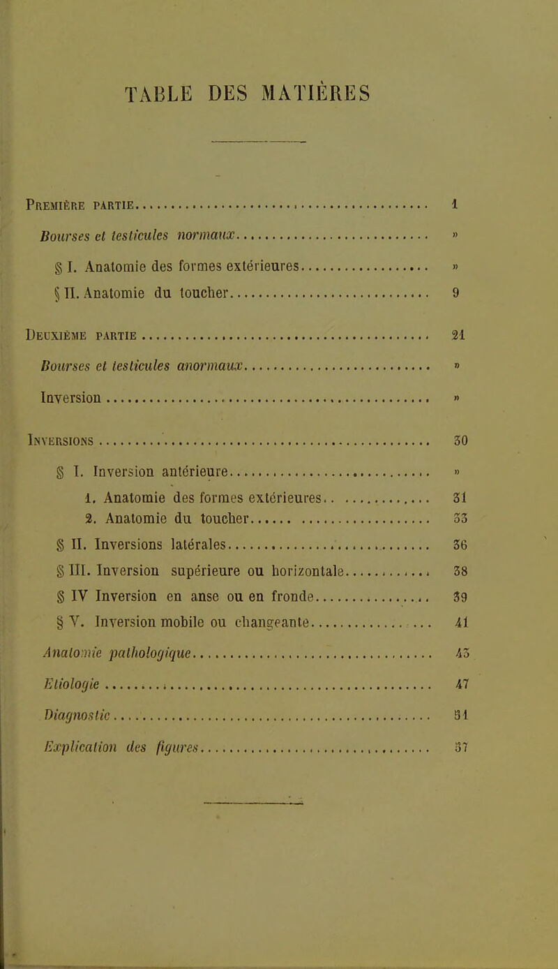 TABLE DES MATIÈRES Première partie 1 Bourses et testicules normaux » § I. Anatomie des formes extérieures » 5 II. Anatomie du toucher 9 Deuxième partie 21 Bourses et testicules anormaux » Inversion » Inversions 30 § I. Inversion antérieure » 1. Anatomie des formes extérieures 31 2. Anatomie du toucher 33 § II. Inversions latérales 36 § III. Inversion supérieure ou horizontale 38 § IV Inversion en anse ou en fronde 39 § Y. Inversion mobile ou changeante ... 41 Anatomie pathologique 43 Etiologie ; 47 Diagnostic 91 Explication des figures 57