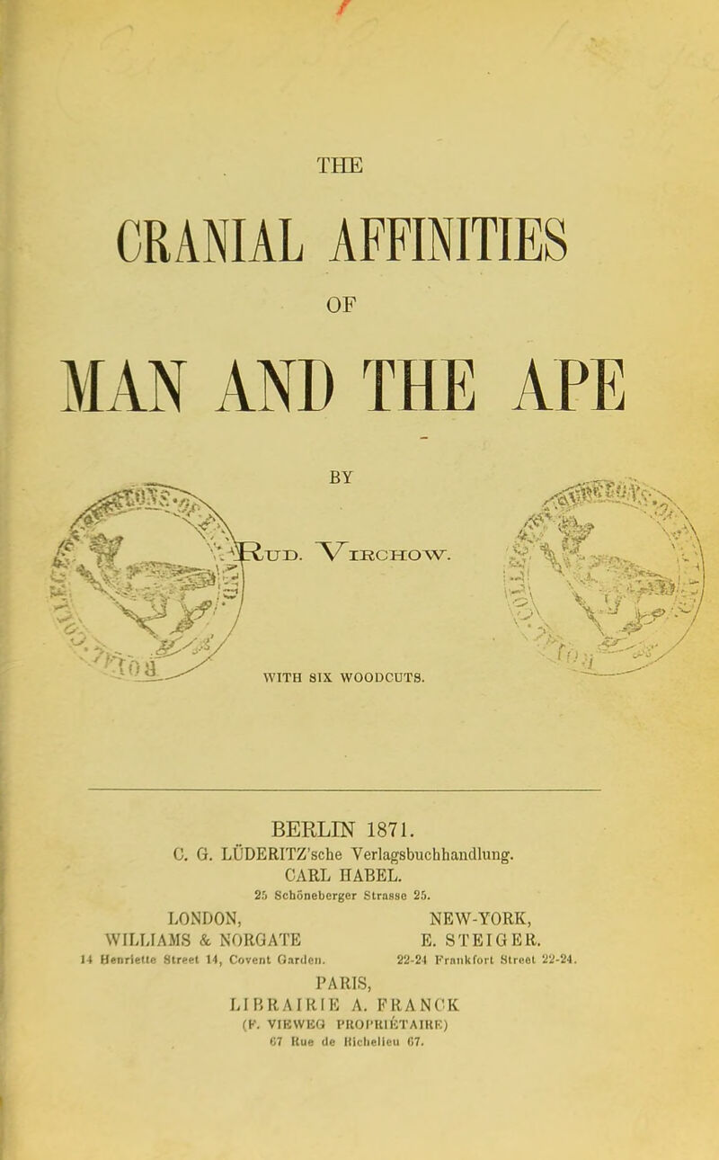 f THE CRANIAL AFFINITIES OF MAN AND THE APE BERLIN 1871. C. G. LUDERITZ'sche Verlagsbuchhandlung. CARL HABEL. 25 Schoneberger Strnsse 25. LONDON, NEW-YORK, WILLIAMS & NORGATE E. STEIGER. 14 Henrietle Street 14, Covent Garden. 22-24 Frankfort Street 22-24. PARIS, LIBRAIRIE A. FRANCE (K. VIKVVEfi PIlOI'KllCTAIRK) 67 Hue de Kichelieu 67.