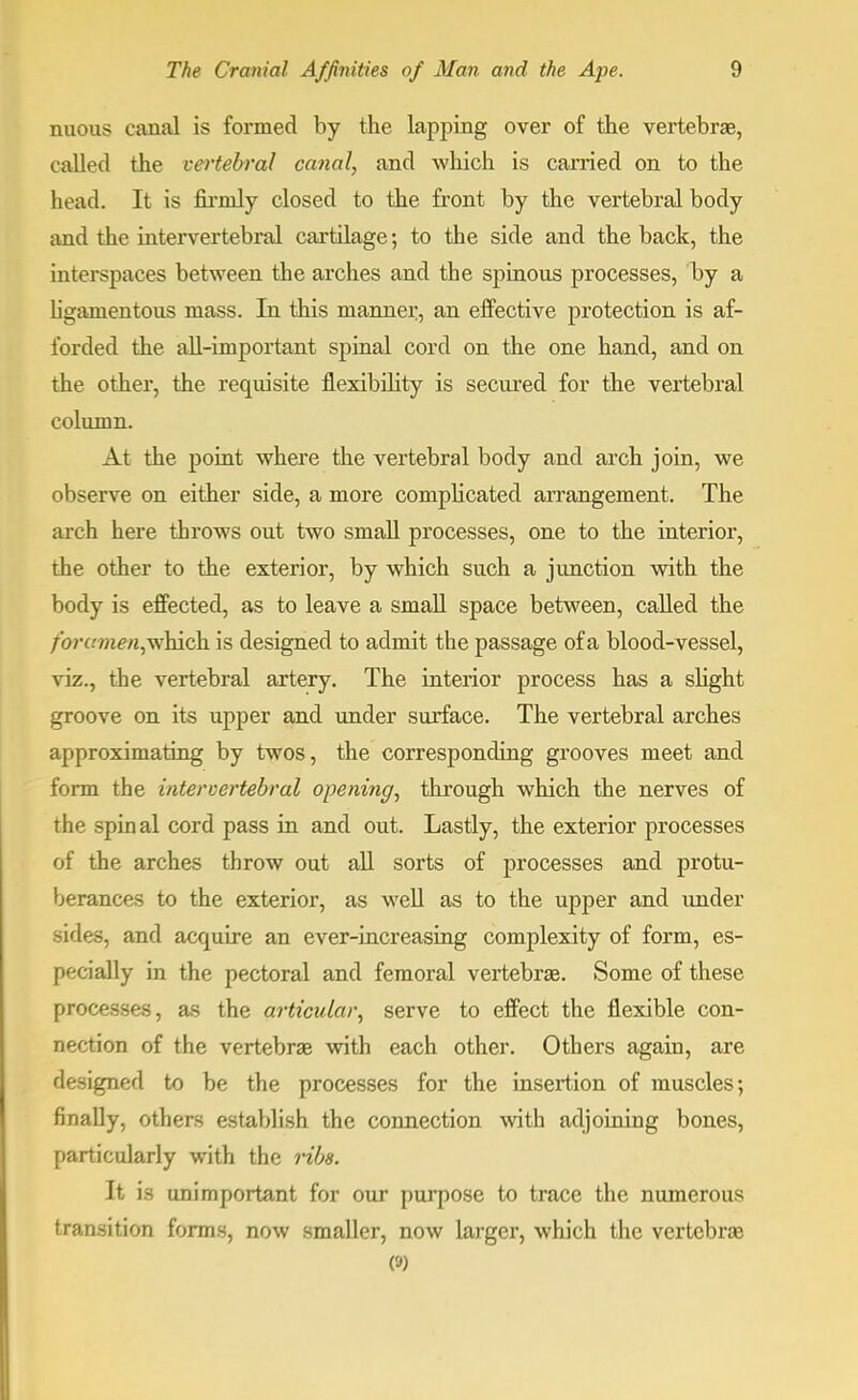 noons canal is formed by the lapping over of the vertebrae, called the vertebral canal, and which is carried on to the head. It is firnily closed to the front by the vertebral body and the intervertebral cartilage; to the side and the back, the interspaces between the arches and the spinous processes, by a ligamentous mass. In this manner, an effective protection is af- forded the all-important spinal cord on the one hand, and on the other, the requisite flexibility is secured for the vertebral column. At the point where the vertebral body and arch join, we observe on either side, a more complicated arrangement. The arch here throws out two small processes, one to the interior, the other to the exterior, by which such a junction with the body is effected, as to leave a small space between, called the forumen,vfhich. is designed to admit the passage of a blood-vessel, viz., the vertebral artery. The interior process has a slight groove on its upper and under surface. The vertebral arches approximating by twos, the corresponding grooves meet and form the intervertebral opening, through which the nerves of the spin al cord pass in and out. Lastly, the exterior processes of the arches throw out all sorts of processes and protu- berances to the exterior, as well as to the upper and under sides, and acquire an ever-increasing complexity of form, es- pecially in the pectoral and femoral vertebrae. Some of these processes, as the articular, serve to effect the flexible con- nection of the vertebrae with each other. Others again, are designed to be the processes for the insertion of muscles; finally, others establish the connection with adjoining bones, particularly with the ribs. It is unimportant for our purpose to trace the numerous transition forms, now smaller, now larger, which the vertebrae (»)