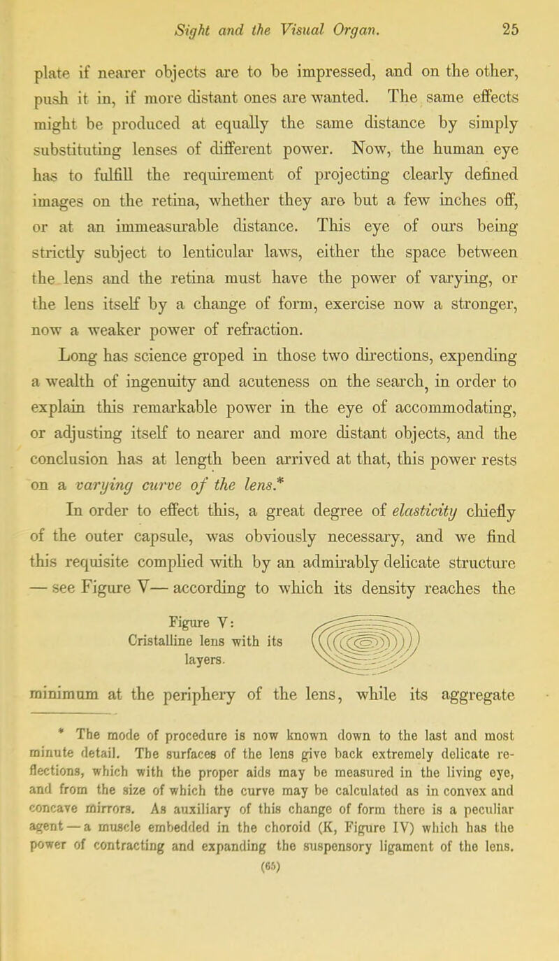 plate if nearer objects are to be impressed, and on the other, push it in, if more distant ones are wanted. The same effects might be produced at equally the same distance by simply substituting lenses of different power. Now, the human eye has to fulfill the requirement of projecting clearly defined images on the retina, whether they are but a few inches off, or at an immeasurable distance. This eye of ours being strictly subject to lenticular laws, either the space between the lens and the retina must have the power of varying, or the lens itself by a change of form, exercise now a stronger, now a weaker power of refraction. Long has science groped in those two directions, expending a wealth of ingenuity and acuteness on the search^ in order to explain this remarkable power in the eye of accommodating, or adjusting itself to nearer and more distant objects, and the conclusion has at length been arrived at that, this power rests on a varying curve of the lens* In order to effect this, a great degree of elasticity chiefly of the outer capsule, was obviously necessary, and we find this requisite complied with by an admirably delicate structure — see Figure V— according to which its density reaches the Figure V: Cristalline lens with its layers. minimum at the periphery of the lens, while its aggregate * The mode of procedure is now known down to the last and most minute detail. The surfaces of the lens give back extremely delicate re- flections, which with the proper aids may be measured in the living eye, and from the size of which the curve may be calculated as in convex and concave mirrors. As auxiliary of this change of form there is a peculiar agent — a muscle embedded in the choroid (K, Figure IV) which has the power of contracting and expanding the suspensory ligament of the lens. (65)