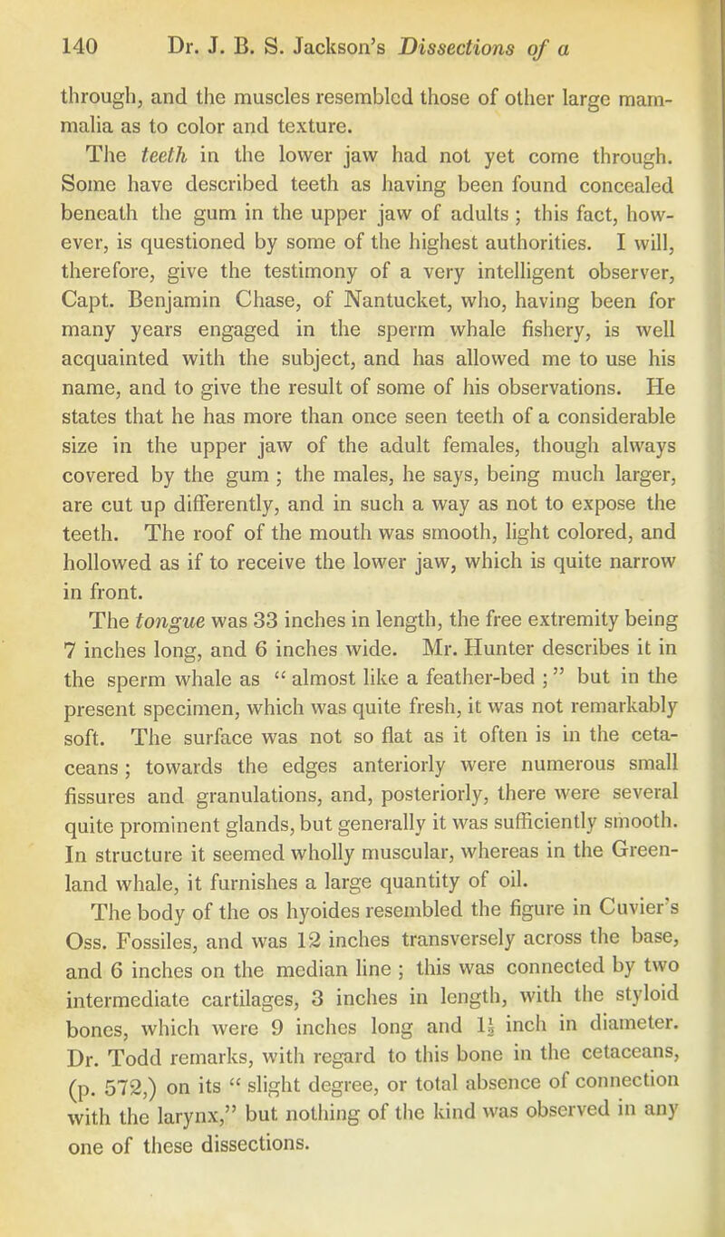 through, and the muscles resembled those of other large mam- malia as to color and texture. The teeth in the lower jaw had not yet come through. Some have described teeth as having been found concealed beneath the gum in the upper jaw of adults ; this fact, how- ever, is questioned by some of the highest authorities. I will, therefore, give the testimony of a very intelligent observer, Capt. Benjamin Chase, of Nantucket, who, having been for many years engaged in the sperm whale fishery, is well acquainted with the subject, and has allowed me to use his name, and to give the result of some of his observations. He states that he has more than once seen teeth of a considerable size in the upper jaw of the adult females, though always covered by the gum ; the males, he says, being much larger, are cut up differently, and in such a way as not to expose the teeth. The roof of the mouth was smooth, light colored, and hollowed as if to receive the lower jaw, which is quite narrow in front. The tongue was 33 inches in length, the free extremity being 7 inches long, and 6 inches wide. Mr. Hunter describes it in the sperm whale as  almost like a feather-bed ;  but in the present specimen, which was quite fresh, it was not remarkably soft. The surface was not so fiat as it often is in the ceta- ceans ; towards the edges anteriorly were numerous small fissures and granulations, and, posteriorly, there were several quite prominent glands, but generally it was sufficiently smooth. In structure it seemed wholly muscular, whereas in the Green- land whale, it furnishes a large quantity of oil. The body of the os hyoides resembled the figure in Cuvier's Oss. Fossiles, and was 12 inches transversely across the base, and 6 inches on the median line ; this was connected by two intermediate cartilages, 3 inches in length, with the styloid bones, which were 9 inches long and U inch in diameter. Dr. Todd remarks, with regard to this bone in the cetaceans, (p. 572,) on its  slight degree, or total absence of connection with the larynx, but nothing of the kind was observed in any one of these dissections.