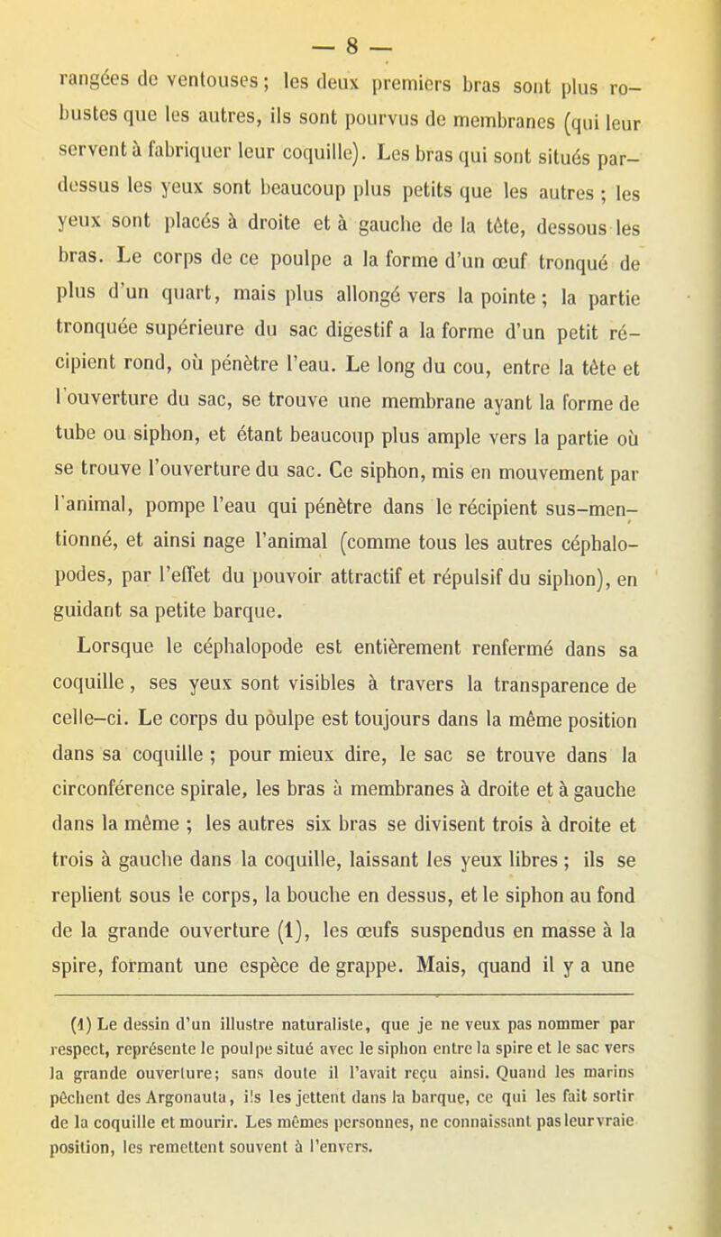 rangées do ventouses ; les deux premiers bras sont plus ro- bustes que les autres, ils sont pourvus de membranes (qui leur servent à fabriquer leur coquille). Les bras qui sont situés par- dessus les yeux sont beaucoup plus petits que les autres ; les yeux sont placés à droite et à gaucbe de la tête, dessous les bras. Le corps de ce poulpe a la forme d'un œuf tronqué de plus d'un quart, mais plus allongé vers la pointe ; la partie tronquée supérieure du sac digestif a la forme d'un petit ré- cipient rond, où pénètre l'eau. Le long du cou, entre la tète et l'ouverture du sac, se trouve une membrane ayant la forme de tube ou siphon, et étant beaucoup plus ample vers la partie où se trouve l'ouverture du sac. Ce siphon, mis en mouvement par l'animal, pompe l'eau qui pénètre dans le récipient sus-men- tionné, et ainsi nage l'animal (comme tous les autres céphalo- podes, par l'effet du pouvoir attractif et répulsif du siphon), en guidant sa petite barque. Lorsque le céphalopode est entièrement renfermé dans sa coquille, ses yeux sont visibles à travers la transparence de celle-ci. Le corps du poulpe est toujours dans la même position dans sa coquille ; pour mieux dire, le sac se trouve dans la circonférence spirale, les bras à membranes à droite et à gauche dans la même ; les autres six bras se divisent trois à droite et trois à gauche dans la coquille, laissant les yeux libres ; ils se replient sous le corps, la bouche en dessus, et le siphon au fond de la grande ouverture (1), les œufs suspendus en masse à la spire, formant une espèce de grappe. Mais, quand il y a une (d) Le dessin d'un illustre naturaliste, que je ne veux pas nommer par respect, représente le poulpe situé avec le siphon entre la spire et le sac vers la grande ouverture; sans doute il l'avait reçu ainsi. Quand les marins pèchent des Argonaula, ils les jettent dans lu barque, ce qui les fait sortir de la coquille et mourir. Les mêmes personnes, ne connaissant pas leur vraie position, les remettent souvent à l'envers.