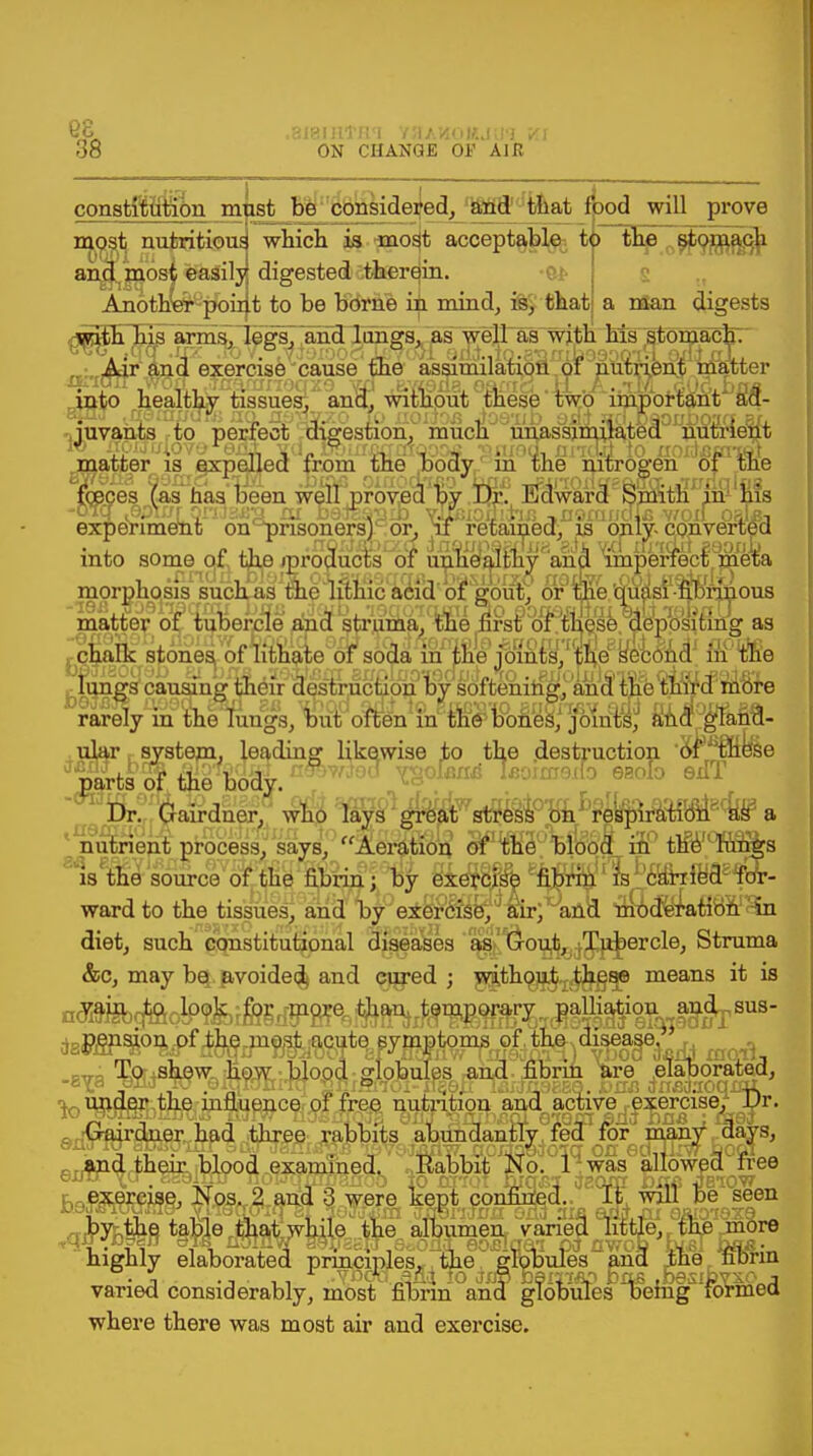 68 .3J8IIITRT YJiAHOKJU'l Yd 08 ON CHANGE OF AIR constitution mist be considered, and that food will prove most nutritious which is most acceptable to the stomach and most easily digested therein. Another point to be borne in mind, is, that a man digests matter Jnto heaJtW tissues^ ana, without ffiese'Wb'iinpor'tant 'fid- juvants to perfect digestion, much unassimilatod nutrient mg^r^i^gxp^eS ^x)mr^e^dSy^Si0 the1 rj^^en'1 o^lie freces uas has'been w^.praroa 'fey .lM tfdwarS^^m^in^nis ^ MxJLQnJ2Jjg_xii FeSssiB v^xoFii'ir, ■tnvcaii6\Z woif baUb experiment on prisoners) or, if retained, is only- converted into ~ mor matter < chalk st lungs causing their destruction by softening, and the third more rarely in the lungs, but often in the bones, joints, and' gland- ular system, leading likewise to the destruction of these Dr. Gairdner, who lays great stress on respiration as a nutrient process, says, Aeration of the blood in the lungs uis the source of the fibrin; by exercise fibrin is carried for- ward to the tissues, and by exercise, air, and moderation in diet, such constitutional diseases as Gout, Tubercle, Struma &c, may be, avoided) and cured ; wjith^jjii^hgge means it is n6m9teo!P?£ifemffiee$ . pension of the most acuto symptoms of the disease.'5 lo^fe,tke,influence of free nutrition a^acW^ercisej/Tpr. Gairdner had three rabbits abundantly fed for many days, and their blood examined. Rabbit No. 1 was allowed free by the table that while the albumen varied little, the more highly elaborated prmgmlesK, tyie. g^ules~ana ine nbrin varied considerably, most fibrin and gTobules being*'formed where there was most air and exercise.