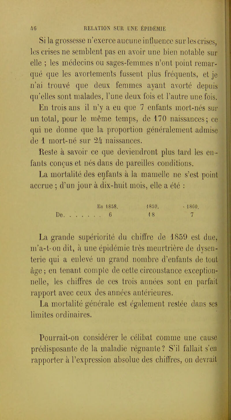 Si la grossesse n'exerce aucune influence sur les crises, les crises ne semblent pas en avoir une bien notable sur elle ; les médecins ou sages-femmes n'ont point remar- qué que les avortemcn'ts fussent plus fréquents, et je n'ai trouvé que deux femmes ayant avorté depuis qu'elles sont malades, l'une deux fois et l'autre une fois. En trois ans il n'y a eu que 7 enfants mort-nés sur un total, pour le même temps, de 170 naissances; ce qui ue donne (pie la proportion généralement admise de 1 mort-né sur c2/i naissances. Reste à savoir ce que deviendront plus tard les en- fants conçus et nés dans de pareilles conditions. La mortalité des enfants à la mamelle ne s'est point accrue ; d'un jour à dix-huit mois, elle a été : En 1858. 1850. - 18G0. De. . 6 18 7 La grande supériorité du chiffre de 1859 est due, m'a-t-on dit, à une épidémie très meurtrière de dysen- terie qui a enlevé un grand nombre d'enfants de tout âge ; en tenant compte de cette circonstance exceptions nelle, les chiffres de ces trois années sont en parlait rapport avec ceux des années antérieures. La mortalité générale est également restée dans ses limites ordinaires. Pourrait-on considérer le célibat comme une cause prédisposante de la maladie régnante? S'il fallait s'en rapporter à l'expression absolue des chiffres, on devrait