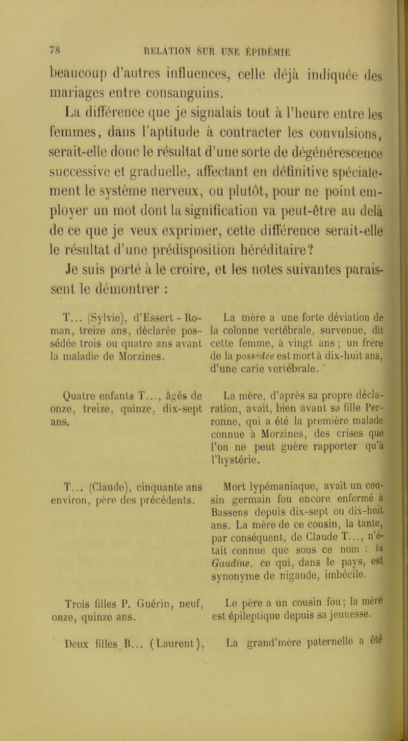 beaucoup d'autres influences, celle déjà indiquée des mariages entre consanguins. La différence que je signalais tout à l'heure entre les femmês, dans l'aptitude à contracter les convulsions, serait-elle donc lo résultat d'une sorte de dégénérescence successive et graduelle, affectant en définitive spéciale- ment le système nerveux, ou plutôt, pour ne point em- ployer un mot dont la signification va peut-être au delà de ce que je veux exprimer, cette différence serait-elle le résultat d'une prédisposition héréditaire? Je suis porté à le croire, et les notes suivantes parais- sent le démontrer : T... (Sylvie), tTEssert - Ro- La mère a une forte déviation de man, treize ans, déclarée pos- la colonne vertébrale, survenue, dit sédée trois ou quatre ans avant celte femme, à vingt ans ; un frère la maladie de Morzines. de la possédée est mort à dix-huit ans, d'une carie vertébrale. ' Quatre enfants T..., âgés de La mère, d'après sa propre décla- onze, treize, quinze, dix-sept ration, avait, bien avant sa lille Per- ans. ronne, qui a été la première malade connue à Mor/.ines, des crises que l'on ne peut guère rapporter qu'à l'hj Btérie. T... (Claude), cinquante ans Mort lypémaniaque, avait un cou- environ, père des précédents, sin germain fou encore enfermé à Bassens depuis dix-sept ou dix-huit, ans. La mère de ce cousin, la tante, par conséquent, de Claude T..., n'é- tait connue que sous ce nom : la Gaudine, ce qui, dans le pays, est synonyme de nigaude, imbécile. Trois fdles P. Guérin, neuf, Le père a un cousin fou; la mère onze, quinze ans. est épileptique depuis sa jeunesse. Deux filles R... (Laurent), La grand'mère paternelle a été