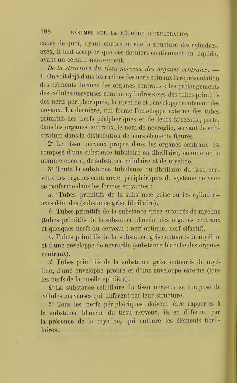 cause de quoi, ayant encore en vue la structure des cylindres- axes, il faut accepter que ces derniers contiennent un liquide, ayant un certain mouvement. De la structure du tissu nerveux des organes centraux. 1° On voit déjà dans les racines des nerfs spinaux la représentation des éléments formés des organes centraux-: les prolongements des cellules nerveuses comme cylindres-axes des tubes primitifs des nerfs périphériques, la myéline et l'enveloppe contenant des noyaux. La dernière, qui forme l'enveloppe externe des tubes primitifs des nerfs périphériques et de leurs faisceaux, porte, dans les organes centraux, le nom de névroglie, servant de sub- stratum dans la distribution de leurs éléments figurés. 2 Le tissu nerveux propre dans les organes centraux est composé d'une substance tubulaire ou fibrillaire, comme on la nomme encore, de substance cellulaire et de myéline. 3° Toute la substance tubuleuse ou fibrillaire du tissu ner- veux des organes centraux et périphériques du système nerveux se renferme dans les formes suivantes : a. • Tubes primitifs de la substance grise ou les cylindres- axps dénudés (substance grise fibrillaire). b. Tubes primitifs de la substance grise entourés de myéline (tubes primitifs de la substance blanche des organes centraux et quelques nerfs du cerveau : nerf optique, nerf olfactif). c. Tubes primitifs de la substance grise entourés de myéline et d'une enveloppe de névroglie (substance blanche des organes centraux). d. Tubes primitifs de la substance grise entourés de myé- line, d'une enveloppe propre et d'une enveloppe externe (tous les nerfs de la moelle épinière). 4 La substance celluUaire du tissu nerveux se compose de cellules nerveuses qui diffèrent par leur structure. 5 Tous les nerfs périphériques doivent être rapportés à la substance blanche du tissu nerveux, ils en diffèrent par la présence de la myéline, qui entoure les éléments fibril- laires.