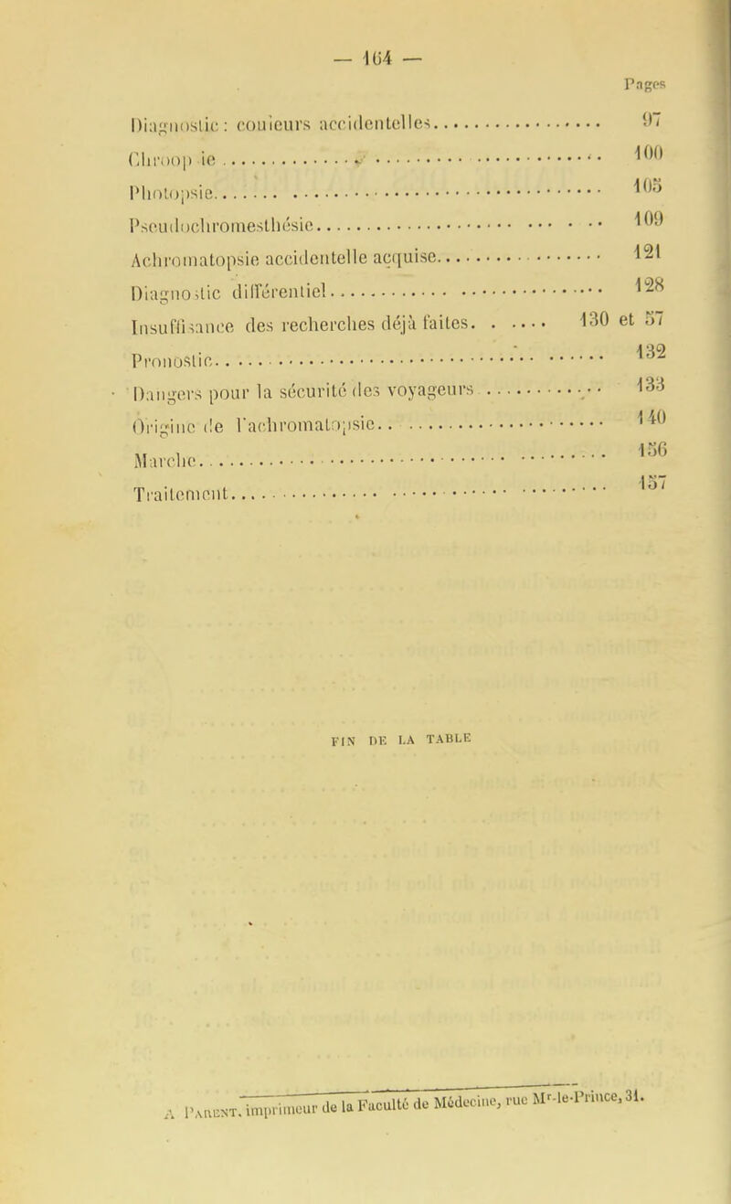 — m — Pnges Dingiioslic : couieurs accideiitellcs i*' rJiro.)|) ie V '1^'^* Pliolopsie '•^^•^ Psoudocliromeslhésie ''^^ Achromatopsie accidentelle acquise 121 DiasnoUic diiïéreiuiel Insufliïance des recherches déjà faites 130 et 57 PrniiDSlio (h'iiriiic (le rachromaloii Mnrcho Trailomont FIN DE I.A TABLE 132 Dangers pour la sécurité des voyageurs • • ^33 140 15G lo7 . V.,,,,^:^:^^^^:^^^ de Midccinc, .-uo MMe.Pnuce.31.