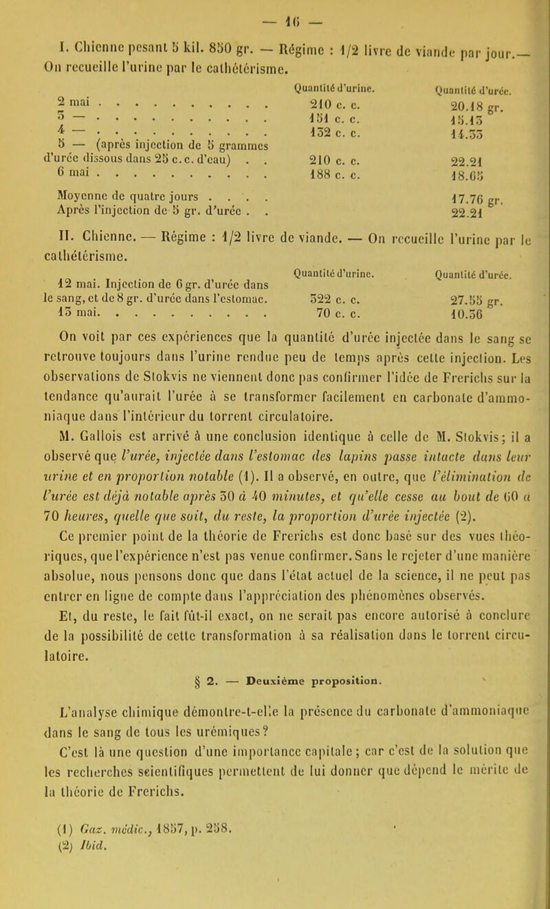 I. Chienne pesant B kil. 850 gr. — Régime : 1/2 livre de viande par jour.— On recueille l'urine par le Calhétérisme. Quantité d'urine. Quantité d'urée. 2 mai 210 c. c. 20.18 gr. ^ — lîil c. c. 15 15 i — ; \ 132 c. c. 14.gg 5 — (après injection de 5 grammes d'urée dissous dans 25 c.c. d'eau) . . 210 c. c. 22.21 6 mai 188 c. c. 18.68 Moyenne de quatre jours . . '. . 17.70 gr. Après l'injection de 5 gr. d'urée . . 22.21 II. Chienne. — Régime : 1/2 livre de viande. — On recueille l'urine par le calhétérisme. Quantité d'urine. Quantité d'urée. 12 mai. Injection de 6gr. d'urée dans le sang, et de 8 gr. d'urée dans l'estomac. 522 c. c. 27.55 gr. lô mai 70 c. c. 10.56 On voit par ces expériences que la quantité d'urée injectée dans le sang se retrouve toujours dans l'urine rendue peu de temps après celle injection. Les observations de Slokvis ne viennent donc pas confirmer l'idée de Frerichs sur la tendance qu'aurait l'urée à se transformer facilement en carbonate d'ammo- niaque dans l'intérieur du torrent circulatoire. M. Gallois est arrivé à une conclusion identique à celle de M. Slokvis; il a observé que l'urée, injectée dans l'estomac des lapins passe intacte dans leur urine et en proportion notable (1). Il a observé, en outre, que l'élimination de l'urée est déjà notable après 50 à 40 minutes, et qu'elle cesse au bout de (iO a 70 heures, quelle que soit, du reste, la proportion d'urée injectée (2). Ce premier point de la théorie de Frerichs est donc basé sur des vues théo- riques, que l'expérience n'est pas venue confirmer. Sans le rejeter d'une manière absolue, nous pensons donc que dans l'état aeluel de la science, il ne peut pas entrer en ligne de compte dans l'appréciation des phénomènes ohservés. Et, du reste, le fait fût-il exact, on ne serait pas encore autorisé à conclure de la possibilité de cette transformation à sa réalisation dans le torrent circu- latoire. § 2. — Deuxième proposition. L'analyse chimique démonlre-t-eKe la présence du carhonate d'ammoniaque dans le sang de tous les urémiques? C'est là une question d'une importance capitale; car c'est de la solution que les recherches scientifiques permettent de lui donner que dépend le mérite de la théorie de Frerichs. (1) Gaz. medic, 1857, p. 258. (2) Ibid.