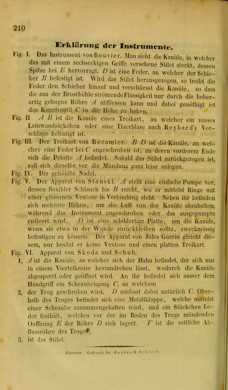 Erklärung der Instrumente. Fig. L Das Instrument vonBouvier. Man sieht die Kanüle, in welcher das mit einem sechseckigen Griffe versehene Stilet steckt dessen Spitze hei E hervorragt. Bist eine Feder, an welcher de'rSchie- her B befestigt ist. Wird das Stilet herausgezogen, so treibt die Feder den Schieber hinauf und verschliesst die Kanüle, so dass die aus der Brusthöhle strömcndcFlüssigkeit nur durch die heber- artig gebogne Röhre A abfliessen kann und dabei genöthigt H das Kugelventil C in die Höhe zu heben. Fig. II A B ist die Kanüle eines Troikart, an welcher ein nasses Leinwandsäckehen oder eine Thierblase nach Reybard's Vor- schlage befestigt ist. Fig. III. Der Troikart von Recamier. B D ist die Kanüle, an wel- cher eine Feder bei C angeschroben ist, an deren vorderem Ende sich die Pelotte A befindet. Sobald das Stilet zurückgezogen ist, soll sich dieselbe vor die Mündung ganz leise anlegen. Fig. IV. Die gehöhlte Nadel. Fig. V. Der Apparat von Stanski. A stellt eine einfache Pumpe vor, dessen flexibler Schlauch bis B reicht, wo er mittelst Ringe mit einer gläsernen Ventose in Verbindung steht. Neben ihr befinden sich mehrere Hähne, um die Luft von der Kanüle abzuhalten, während das Inslrument angeschroben oder das ausgepumpte entleert wird. D ist eine schildartige Platte, um die Kanüle, wenn sie etwa in der Wunde zurückbleiben sollte, zweckmässig befestigen zu können. Der Apparat von Jules Guerin gleicht die- sem, nur besitzt er keine Ventose und einen platten Troikart. Fig. VI. Apparat von Skoda und Schuh. 1, ^ist die Kanüle, an welcher sich der Hahn befindet, der sich nur in einem Viertelkreise herumdrehen lässt, wodurch die Kanüle abgesperrt oder geöffnet wird. An ihr befindet sich ausser dem Handgriff ein Schraubengang C, an welchem 2, der Trog geschroben wird. D umfasst dabei natürlich C. Ober- halb des Troges befindet sich eine Metallklappe, welche mittelst einer Schraube zusammengehalten wird, und ein Stückchen Le- der festhält, welches vor der im Boden des Trogs mündenden Oeffnung E der Röhre D sieh lagert. F ist die seitliche Ab- flussröhre des Tröget, 3, ist das Stilet. Ds/tzrc. Gedruckt bei Rat hie & S c h r o t/i.