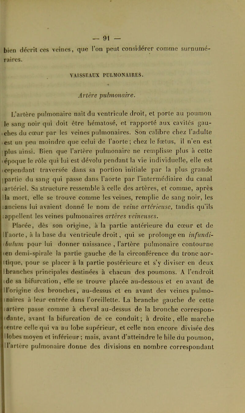 bien décrit ces veines, que l'on peut considérer comme surnumé- raires. VAISSEAUX PULMONAIRES. Artère pulmonaire. L'artère pulmonaire naît du ventricule droit, et porte au poumon le sang noir qui doit être hémalosé, et rapporté aux cavités gau- .ches du cœur par les veines pulmonaires. Son calibre chez l'adulte ■ est un peu moindre que celui de l'aorte; chez le fœtus, il n'en est plus ainsi. Bien que Tarière pulmonaire ne remplisse plus à cette iépoque le rôle qui lui est dévolu pendant la vie individuelle, elle est cependant traversée dans sa portion initiale par la plus grande ]partie du sang qui passe dans l'aorte par l'intermédiaire du canal ; artériel. Sa structure ressemble à celle des artères, et comme, après lia mort, elle se trouve comme les veines, remplie de sang noir, les ; anciens lui avaient donné le nom de veine artériease, tandis qu'ils appellent les veines pulmonaires artères veineuses. Placée, dès son origine, à la partie antérieure du cœur et de ll'aorte, à la base du ventricule droit, qui se prolonge en infundi- bulum pour lui donner naissance , l'artère pulmonaire contourne ien demi-spirale la partie gauche de la circonférence du tronc aor- Itîque, pour se placer à la partie postérieure et s'y diviser en deux Ibranches principales destinées à chacun des poumons. A l'endroit de sa bifurcation, elle se trouve placée au-dessous et en avant de ll'origine des bronches, au-dessus et en avant des veines pulmo- naires à leur entrée dans l'oreillette. La branche gauche de cette artère passe comme à cheval au-dessus de la bronche correspon- dante, avant la bifurcation de ce conduit; à droite, elle marche entre celle qui va au lobe supérieur, et celle non encore divisée des I lobes moyen et inférieur; mais, avant d'atteindre le hile du poumon, U'arlère pulmonaire donne des divisions en nombre correspondant