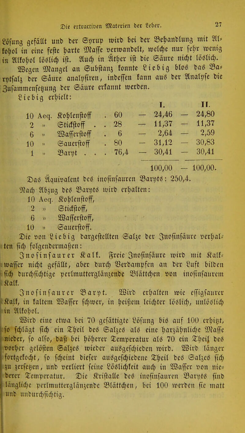 Söfung gefaßt unb ber ©t;rup wirb bei ber S3ebanblutig mit 2lt= fobot in eine fcjic ljarte Waffe »erwonbcW, wela)e nur febr wenig in 2llfol)ol WSlid) ijl. 2luo) in #tber tjl bie ©äure nid)t miid). Sßegen fanget an ©ubftanj fonnte Sieb ig blo3 baö 33a* rytfatj ber ©aure anatyjtren, inbeffen fann auö ber Slnatpfe bie 3ufammenfe|ung ber ©äure erfannt werben. Siebig erptett: T* II» 10 Aeq. ßoblenjbff . 60 - 24,46 - 24,80 2 » ©ttdftoff . . 28 — 11,37 - 11,37 6 » SÖafferfloff . 6 - 2,64 — 2,59 10 » ©auerjtojf . 80 - 31,12 - 30,83 1 SBarpt . . . 76,4 - 30,41 - 30,41 100,00 - 100,00. 25aö 2lqui»atent bcö inoftnfauren 33ari)t3: 250,4. 5?aa) SlSjug be$ SBarptö wirb ermatten: 10 Aeq. tfoftfenjloff, 2 .. ©tidftof, 6 >» SBafferfloff, 10 » ©auerftoff. Die »on Siebig bargeftetften ©alje ber ^noftnfäure »erbat; ■ ten fia) fotgcnbermafjen: 3noftnfaurer ®alf. greie 3noftnfäure wirb mit $a(f* .waffer nta)t gefällt, aber burd; 23erbampfen an ber Suft btlben ftd) burd)ftd)tt'ge perlmutterglänjcnbe 23lättd>en »on inofinfaurcm Äalf. 3noftnfaurer 53an;t. 233trb erbalten wie efftgfaurcr ftalf, in faltem Söaffer fdjwer, in beigem letd)ter lößltd), unlösslid; Ltn Sllfobot. 2Btrb eine etwa bei 70 gefättigte Söfung btö auf 100 erbiet, fo fa)iägt ftd) ein Tbert beö ©aljeö aU eine b«vjäbnlid)e SDfaffe nicber, fo atfo, baß bei ^öpcrer Temperatur aU 70 ein TljeiJ beö »orber gelöflen ©aljeä wieber au3gefd;ieben wirb. Sßßirb länger , fortgefoc^t, fo fd>eint biefer au$gefa)tebene Streit beö ©aljeö fid; ju jerfetien, unb »erliert feine ?ö£lid;fett aud) in Sßaffer von nie« berer Temperatur. Sie Ärijklle beö inoftnfauren 33an;tö ft'nb läuglidjc pcrdnuttcrglänjcnbc 33lättd;en, bei 100 werben ftc matt unb unburd;fid)tig.