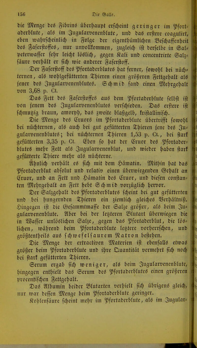 bie 9)?enge beö gibrinS überhaupt erfd;eint geringer im ^Jfort* aberbtute, als im 3ugularr>enenblutc, unb baS erftere coagulirt, eben wahrfa)etnttch in golge ber cigenthümlid>en 33efd>affen^ctt beS ^aferfioffeö, nur unöottfommen, jugteia) ifl berfelbe in <SaU peterwaffer febr leitet löStia), gegen tfali unb coucentrirte Salj* fäure verhält er fta) wie anberer gaferfloff. ©er gaferftoff beö ^fortaberblutcS bat ferner, fowof;l bei nüa> ternen, als wobjgefütterten gieren einen größeren gcttgetjoU aiS jener beS Owflu^nencnbluteö. @a)mtb fanb einen SWehrgehatt »on 3,68 p. Ct. Das gett beS gafevftoffeS aus beut ^fortaberbhtte fcfbft ift won jenem beS 3ugutart>encnMutcS t>erfa)iebem DaS eifere ift fa)mutjtg braun, amort-h, baS jweite bfaßgelb, frifiallinifd;. Die Spenge beS GfruorS im ^fortaberblutc übertrifft fowobj bei nüchternen, aTö aua) bei gut gefütterten £bjercn fene beS 3u* gutaroenenbtutcS; bei nüchternen Sttykvcn 1,53 p. Ct., bei ftarf gefütterten 3,35 p. Ct. Geben fo pat ber Gtruor beS $)fortabcrs Mutes mehr gett alö 3ugularr>encnblut, Unb wieber fyabtn ftarf gefütterte Xtyiexc mehr alö nüa)tcrnc. 2ll)nlidj »erhält eS fta) mit bem £ämatin. SD?ttptn pat baS ^Pfortabcrblut abfotur unb retati» einen überwtegenben ©ehalt an Gtruor, unb an gett unb £ämatt'n beö Gtruor, unb biefen conftan* ten üfleljrgeljatt an gett f»ebt @d;mtb »orjüglid) ^cr»or. Der ©aljgchatt beS ^JfortaberbluteS fd;etnt bei gut gefütterten unb bei bjmgernben Spieren ein jiemlia) gfeia)eS SBerbäUni0, hingegen ift bie ©efammtmaffe ber (Balje größer, atö beim 3u* gutaroenenblute. Slber bei ber (enteren ©futart überwiegen bic in 2ßaffer untöSIia)en ©atje, gegen baS *PfortaberbIut, bie lös« tia)en, währenb beim ^fortaberblute letztere v>orf>errfa)en, unb größtenteils aus fa)wefetfaurem Patron befielen. Die Spenge ber ertraetttten Materien ift ebenfalls etwas größer beim ^Pfortaberbfute unb ihre Duantttät vermehrt fta) noa) bei ftarf gefütterten Spieren. ©erum ergab fta) weniger, als beim 3ugutar»enenbturc, bingegen enthielt baS ©erum beS ^fortabcrbftttcS einen größeren procentifa)en Fettgehalt. DaS Sltbumin beiber 33(utartcn uerbtett fta) übrigens gleich, nur war beffen Wenge beim ^fortaberblutc geringer. ^chtenfäure fa)cint mehr im «pfortabcrMutc, als im 3ugutat