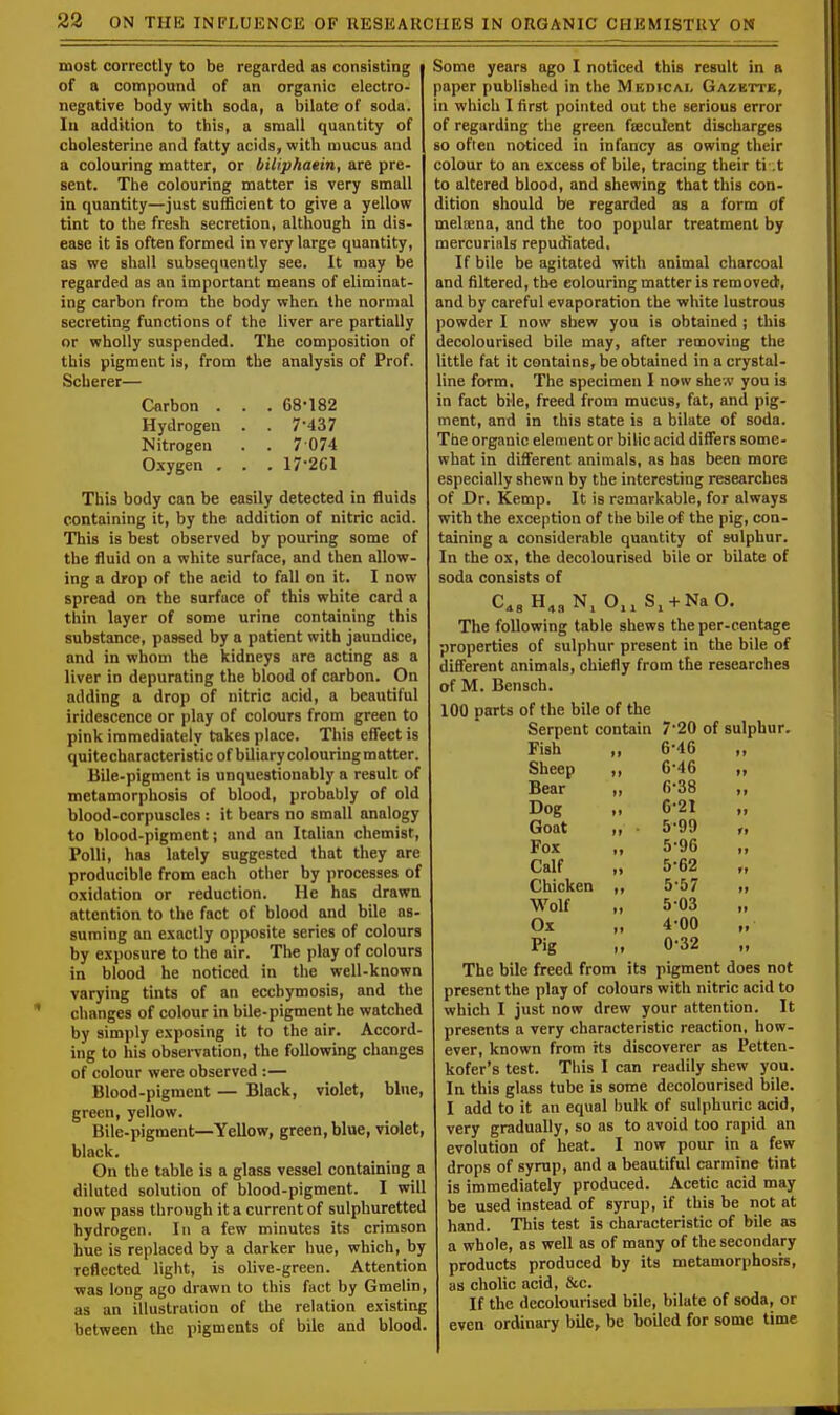 most correctly to be regarded as consisting of a compound of an organic electro- negative body with soda, a bilate of soda. In addition to this, a small quantity of cbolesterine and fatty acids, with mucus and a colouring matter, or biliphaein, are pre- sent. The colouring matter is very small in quantity—just sufficient to give a yellow tint to the fresh secretion, although in dis- ease it is often formed in very large quantity, as we Bhall subsequently see. It may be regarded as an important means of eliminat- ing carbon from the body when the normal secreting functions of the liver are partially or wholly suspended. The composition of this pigment is, from the analysis of Prof. Scherer— Carbon . Hydrogen Nitrogen Oxygen . 68-182 7-437 7 074 17-261 This body can be easily detected in fluids containing it, by the addition of nitric acid. This is best observed by pouring some of the fluid on a white surface, and then allow- ing a drop of the acid to fall on it. I now spread on the surface of this white card a thin layer of some urine containing this substance, passed by a patient with jaundice, and in whom the kidneys are acting as a liver in depurating the blood of carbon. On adding a drop of nitric acid, a beautiful iridescence or play of colours from green to pink immediately takes place. This effect is quitecharacteristic of biliary colouring matter. Bile-pigment is unquestionably a result of metamorphosis of blood, probably of old blood-corpuscles : it bears no small analogy to blood-pigment j and an Italian chemist, Polli, has lately suggested that they are producible from each other by processes of oxidation or reduction. He has drawn attention to the fact of blood and bile as suming an exactly opposite series of colours by exposure to the air. The play of colours in blood he noticed in the well-known varying tints of an eccbymosis, and the changes of colour in bile-pigment he watched by simply exposing it to the air. Accord- ing to his observation, the following changes of colour were observed :— Blood-pigment — Black, violet, blue, green, yellow. Bile-pigment—Yellow, green, blue, violet, black. On the table is a glass vessel containing a diluted solution of blood-pigment. I will now pass through it a current of sulphuretted hydrogen. In a few minutes its crimson hue is replaced by a darker hue, which, by reflected light, is olive-green. Attention was long ago drawn to this fact by Gmelin, as an illustration of the relation existing between the pigments of bile and blood. Some years ago I noticed this result in a paper published in the Medical Gazette, in which I first pointed out the serious error of regarding the green f&eculent discharges so often noticed in infancy as owing their colour to an excess of bile, tracing their tint to altered blood, and shewing that this con- dition should be regarded as a form of mela;na, and the too popular treatment by mercurials repudiated. If bile be agitated with animal charcoal and filtered, the colouring matter is removed, and by careful evaporation the white lustrous powder I now shew you is obtained ; this decolourised bile may, after removing the little fat it contains, be obtained in a crystal- line form. The specimen I now shew you is in fact bile, freed from mucus, fat, and pig- ment, and in this state is a bilate of soda. The organic element or bilic acid differs some- what in different animals, as has been more especially shewn by the interesting researches of Dr. Kemp. It is remarkable, for always with the exception of the bile of the pig, con- taining a considerable quantity of sulphur. In the ox, the decolourised bile or bilate of soda consists of C^H^N, O^S. + Na O. The following table shews the per-centage properties of sulphur present in the bile of different animals, chiefly from the researches of M. Bensch. 100 parts of the bile of the Serpent contain 7-20 of sulphur. Fish ,, 6-46 „ Sheep ,, 6-46 ,, Bear „ 6-38 Dog „ C-2I Goat „ • 5-99 „ Fox „ 5-96 Calf „ 5-62 Chicken ,, 5-57 ,, Wolf „ 5-03 Ox „ 4-00 Pig ,., 0-32 The bile freed from its pigment does not present the play of colours with nitric acid to which I just now drew your attention. It presents a very characteristic reaction, how- ever, known from its discoverer as Petten- kofer's test. This I can readily shew you. In this glass tube is some decolourised bile. I add to it an equal bulk of sulphuric acid, very gradually, so as to avoid too rapid an evolution of heat. I now pour in a few drops of syrup, and a beautiful carmine tint is immediately produced. Acetic acid may be used instead of syrup, if this be not at hand. This test is characteristic of bile as a whole, as well as of many of the secondary products produced by its metamorphosis, as cholic acid, &c. If the decolourised bile, bilate of soda, or even ordinary bile, be boiled for some time