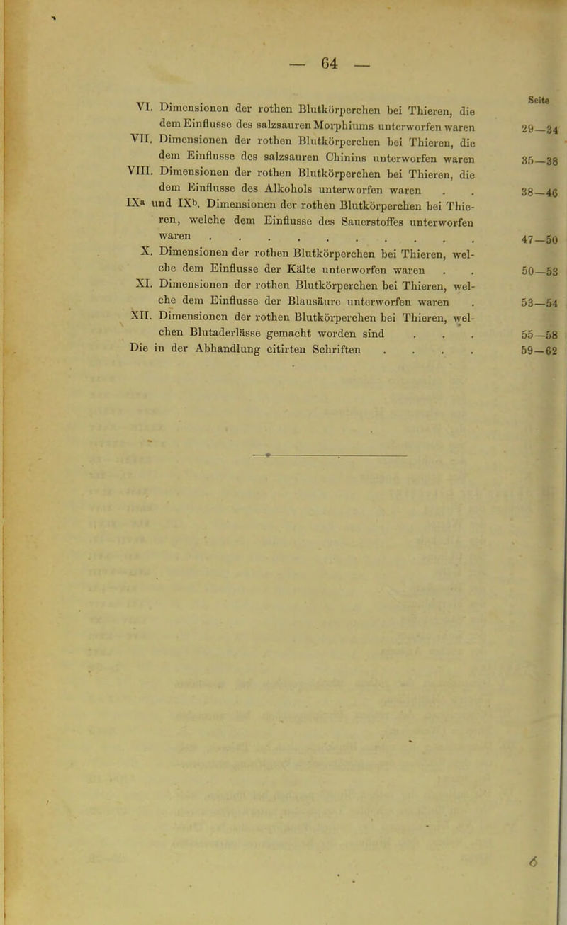 VI. Dimensionen der rothen Blutkörperchen bei Thieren, die dein Einflüsse des salzsauren Morphiums unterworfen waren VII. Dimensionen der rothen Blutkörperchen bei Thieren, die dem Einflüsse des salzsauren Chinins unterworfen waren 35—38 VIII. Dimensionen der rothen Blutkörperchen bei Thieren, die dem Einflüsse des Alkohols unterworfen waren . . 38—46 IXa und IXb. Dimensionen der rothen Blutkörperchen bei Thie- ren, welche dem Einflüsse des Sauerstoffes unterworfen wa>n 47-50 X. Dimensionen der rothen Blutkörperchen bei Thieren, wel- che dem Einflüsse der Kälte unterworfen waren . . 50—53 XI. Dimensionen der rothen Blutkörperchen bei Thieren, wel- che dem Einflüsse der Blausäure unterworfen waren . 53—54 XII. Dimensionen der rothen Blutkörperchen bei Thieren, wel- chen Blutaderlässe gemacht worden sind . . . 55—58 Die in der Abhandlung citirten Schriften . . . . 59 — 62