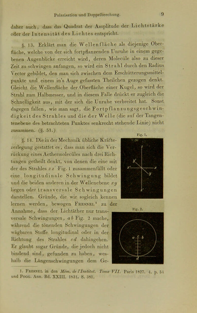 daher auch, dass das Quadrat der Amplitude der Lichtstärke oder der Intensität des Lichtes entspricht. §. 13. Erklärt man die Wellenfläche als diejenige Ober- fläche, welche von der sich fortpflanzenden Unruhe in einem gege- benen Augenblicke erreicht wird, deren Molecüle also zu dieser Zeit zu schwingen anfangen, so wird ein Strahl durch den Radius Yector gebildet, den man sich zwischen dem Erschütterungsmittel- punkte und einem ins Auge gefassten Theilchen gezogen denkt. Gleicht die WeUenfläche der Oberfläche einer Kugel, so wird der Strahl zum Halbmesser, und in diesem Falle drückt er zugleich die Schnelligkeit aus, mit der sich die Unruhe verbreitet hat. Sonst dagegen fallen, wie man sagt, die Fortpflanzungsgeschwin- digkeit des Strahles und die der Welle (die auf der Tangen- tenebene des betrachteten Punktes senkrecht stehende Linie) nicht zusammen. (§. 51.) Fig. i. §.14. Die in der Mechanik übliche Kräfte- zerlegung gestattet es, dass man sich die Ver- rückung eines Aethermolecüles nach drei Rich- tungen getheilt denkt, von denen die eine mit der des Strahles zz Fig. 1 zusammenfällt oder eine longitudinale Schwingung bildet und die beiden anderen in der Wellenebene xy liegen oder transversale Schwingungen darstellen. Gründe, die wir sogleich kennen lernen werden, bewogen Fresnel1 zu der Annahme, dass der Lichtäther nur trans- versale Schwingungen, a b Fig. 2 mache, während die tönenden Schwingungen der wägbaren Stoffe longitudinal oder in der Richtung des Strahles cd dahingehen. Er glaubt sogar Gründe, die jedoch nicht bindend sind, gefunden zu haben, wes- halb die Längenschwingungen dem Ge- 1. Fresnel in den Mem. de CInstitut. Tome VII. Paris 1827. 4. p. 51 und Pogg. Ann. Bd. XXIII. 1S31. S. 381',