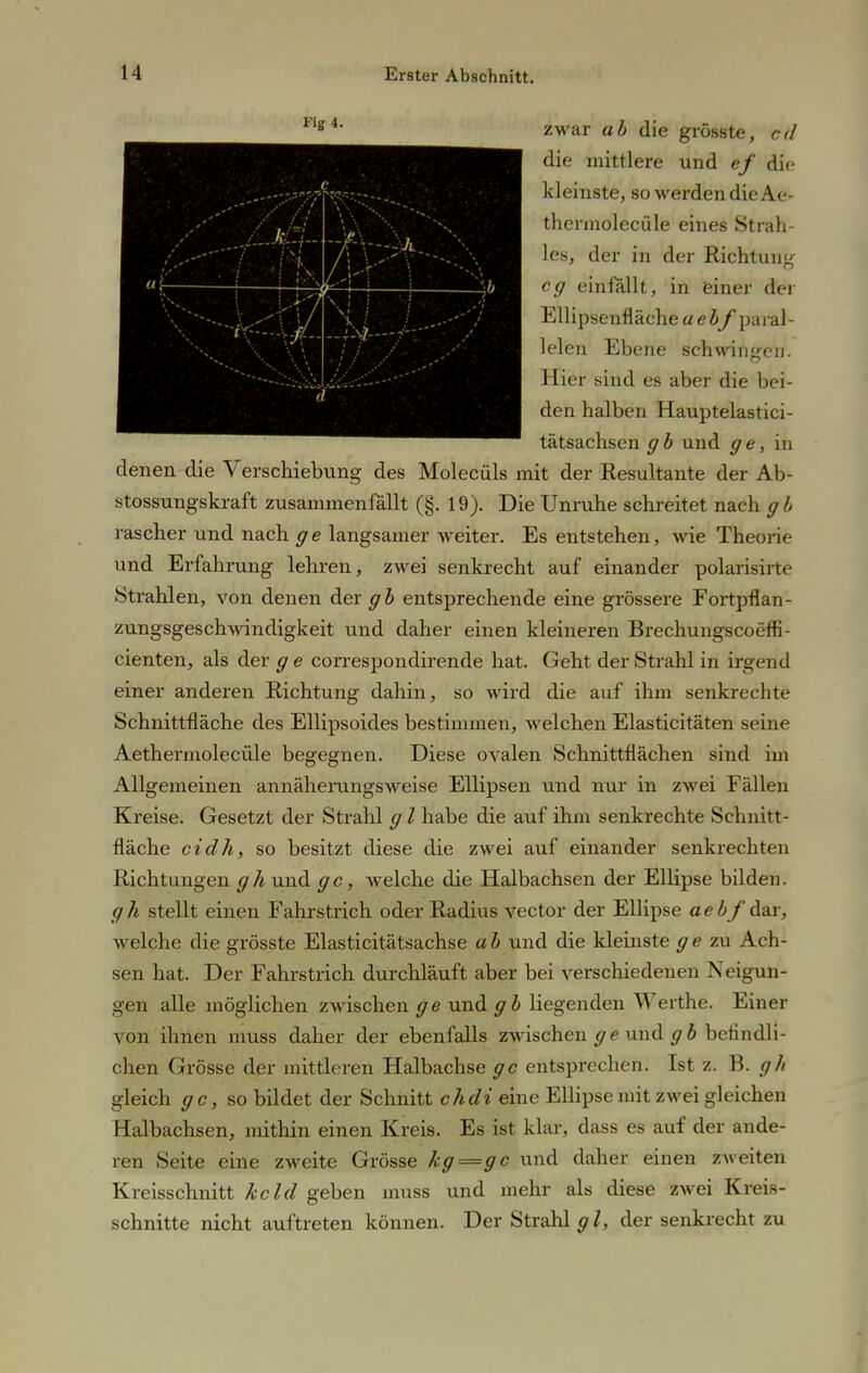 zwar ab die grösste, cd die mittlere und ef die kleinste, so werden die Ae- thermolecüle eines Strah- les, der in der Richtung cg einfällt, in einer der Ellipsenfläche a ebf paral- lelen Ebene schwingen. Hier sind es aber die bei- den halben Hauptelastici- tätsachsen g b und g e, in denen die Verschiebung des Molecüls mit der Resultante der Ab- stossungskraft zusammenfällt (§. 19). Die Unruhe schreitet nach gb rascher und nach ge langsamer weiter. Es entstehen, wie Theorie und Erfahrung lehren, zwei senkrecht auf einander polarisirte Strahlen, von denen der gb entsprechende eine grössere Fortpflan- zungsgeschwindigkeit und daher einen kleineren Brechungscoöffi- cienten, als der g e correspondirende hat. Geht der Strahl in irgend einer anderen Richtung dahin, so wird die auf ihm senkrechte Schnittfläche des Ellipsoides bestimmen, welchen Elasticitäten seine Aethermolecüle begegnen. Diese ovalen Schnittflächen sind im Allgemeinen annäherungsweise Ellipsen und nur in zwei Fällen Kreise. Gesetzt der Strahl g l habe die auf ihm senkrechte Schnitt- fläche cidh, so besitzt diese die zwei auf einander senkrechten Richtungen «7/* und gc, welche die Halbachsen der Ellipse bilden. gh stellt einen Fahrstrich oder Radius vector der Ellipse aebf dar, welche die grösste Elasticitätsachse ab und die kleinste ge zu Ach- sen hat. Der Fahrstrich durchläuft aber bei verschiedenen Neigun- gen alle möglichen zwischen ge und gb liegenden Werthe. Einer von ihnen muss daher der ebenfalls zwischen ge und g b befindli- chen Grösse der mittleren Halbachse gc entsprechen. Ist z. B. gh gleich gc, so bildet der Schnitt chdi eine Ellipse mit zwei gleichen Halbachsen, mithin einen Kreis. Es ist klar, dass es auf der ande- ren Seite eine zweite Grösse kg=gc und daher einen zweiten Kreisschnitt kcld geben muss und mehr als diese zwei Kreis- schnitte nicht auftreten können. Der Strahl gl, der senkrecht zu