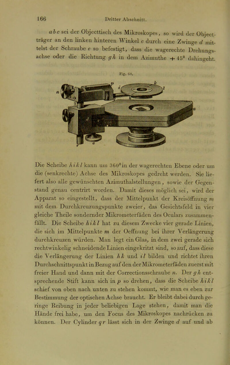 abc sei der Objecttisch des Mikroskopes, so wird der Object- träger an den linken hinteren Winkel c durch eine Zwinge d mit- telst der Schraube e so befestigt, dass die wagerechte Drehungs- achse oder die Richtung gh in dem Azimuthe -t- 45° dahingeht. Die Scheibe hikl kann um 360°in der wagerechten Ebene oder um die (senkrechte) Achse des Mikroskopes gedreht werden. Sie lie- fert also alle gewünschten Azimuthalsteilungen, sowie der Gegen- stand genau centrirt worden. Damit dieses möglich sei, wird der Apparat so eingestellt, dass der Mittelpunkt der Kreisöffnung m mit dem Durchkreuzungspunkte zweier, das Gesichtsfeld in vier gleiche Theile sondernder Mikrometerfäden des Oculars zusammen- fällt. Die Scheibe hikl hat zu diesem Zwecke vier gerade Linien, die sich im Mittelpunkte m der Oeffnung bei ihrer Verlängerung durchkreuzen würden. Man legt ein Glas, in dem zwei gerade sich rechtwinkelig schneidende Linien eingekritzt sind, so auf, dass diese die Verlängerung der Linien hk und il bilden und richtet ihren Durchschnittspunkt in Bezug auf den der Mikrometerfäden zuerst mit freier Hand und dann mit der Correctionsschraube n. Der gh ent- sprechende Stift kann sich in p so drehen, dass die Scheibe hikl schief von oben nach unten zu stehen kommt, wie man es eben zur Bestimmung der optischen Achse braucht. Er bleibt dabei durch ge- ringe Reibung in jeder beliebigen Lage stehen, damit man die Hände frei habe, um den Focus des Mikroskopes nachrücken zu können. Der Cylinder qr lässt sich in der Zwinge d auf und ab