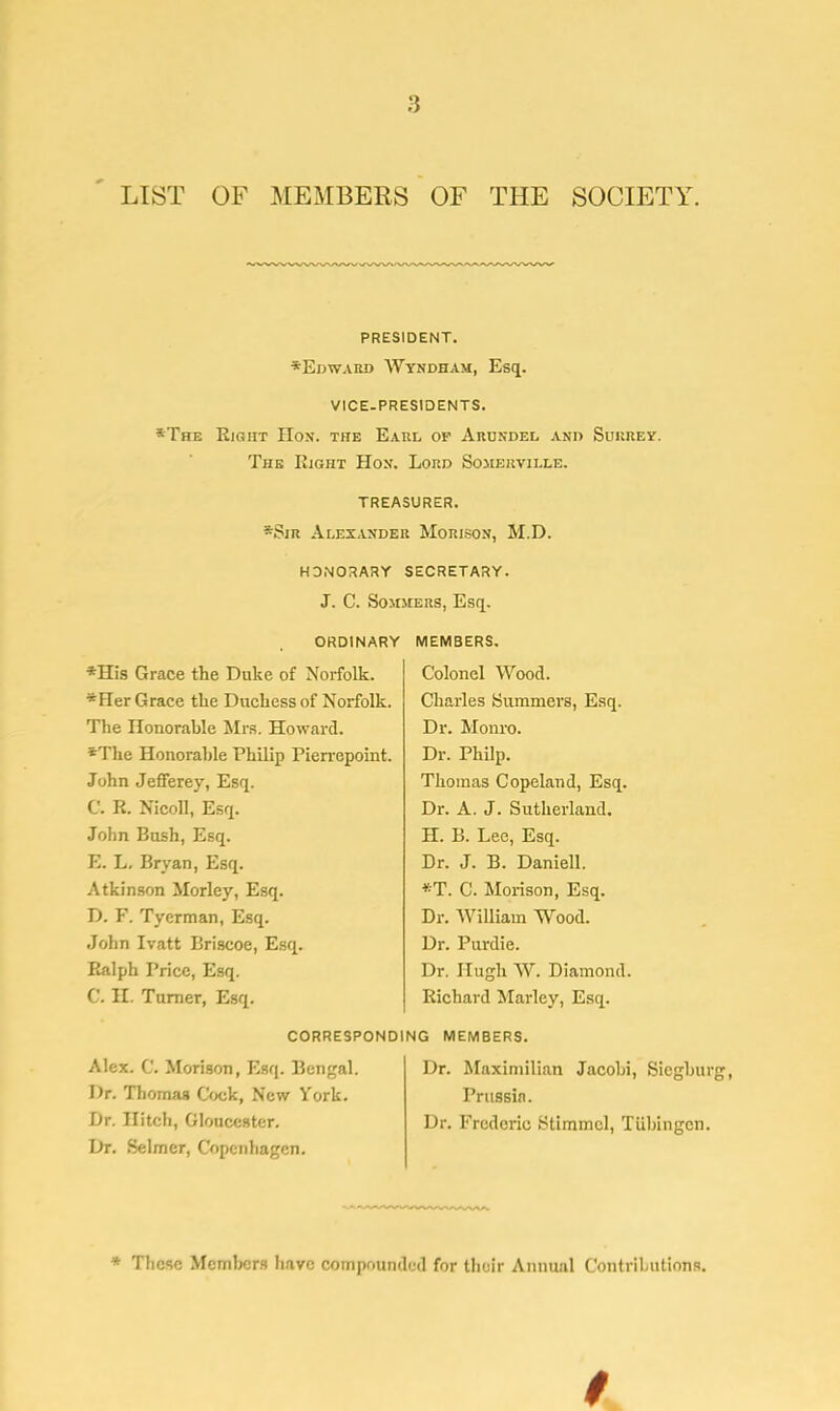 LIST OF MEMBERS OF THE SOCIETY. PRESIDENT. *Edward Wyndham, Esq. VICE-PRESIDENTS. *The Eight Hon. the Earl of Arundel and Surrey. The Right Hon. Lord Somerville. treasurer. *Sm Alexander Morison, M.D. HONORARY SECRETARY. J. C. SOMMERS, Esq. ORDINARY *H!s Grace the Duke of Norfolk. *Her Grace the Duchess of Norfolk. The Honorable Mrs. Howard. *The Honorable Philip Pierrepoint. John Jefferey, Esq. C. R. Nicoll, Esq. John Bush, Esq. E. L. Bryan, Esq. Atkinson Morley, Esq. D. F. Tyerman, Esq. John Ivatt Briscoe, Esq. Ralph Price, Esq. C. II. Turner, Esq. MEMBERS. Colonel Wood. Charles Summers, Esq. Dr. Monro. Dr. Philp. Thomas Copeland, Esq. Dr. A. J. Sutherland. H. B. Lee, Esq. Dr. J. B. Daniell. *T. C. Morison, Esq. Dr. William Wood. Dr. Purdie. Dr. Hugh W. Diamond. Richard Marley, Esq. CORRESPONDING MEMBERS. Alex. C. Morison, Esq. Bengal. Dr. Thomas Cock, New York. Dr. Hitch, Gloucester. Dr. Selmer, Copenhagen. Dr. Maximilian Jacobi, Siegburg, Pritssin. Dr. Frederic Stimmcl, Tubingen. These Members have compounded for their Annual Contributions.