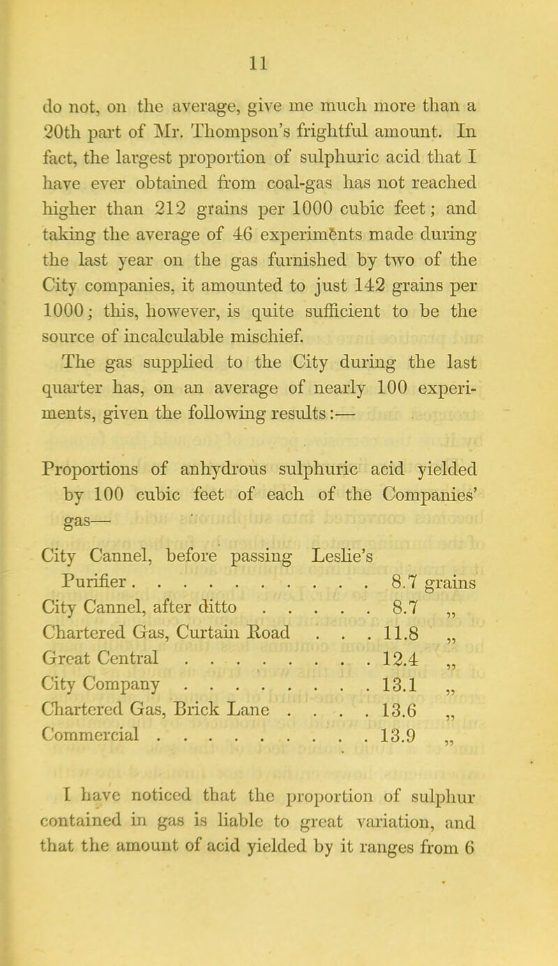 do not, on the average, give me much more than a '20th part of Mr. Thompson's frightful amount. In fact, the largest proportion of sulphuric acid that I have ever obtained from coal-gas has not reached higher than 212 grains per 1000 cubic feet; and taking the average of 46 experiments made during the last year on the gas furnished by two of the City companies, it amounted to just 142 grains per 1000; this, however, is quite sufficient to be the source of incalculable mischief. The gas supplied to the City during the last quarter has, on an average of nearly 100 experi- ments, given the following results:— Proportions of anhydrous sulphuric acid yielded by 100 cubic feet of each of the Companies' gas- City Cannel, before passing Leslie's Purifier 8.7 grains City Cannel, after ditto 8.7 „ Chartered Gas, Curtain Road . . .11.8 „ Great Central 12.4 City Company 13.1 Chartered Gas, Brick Lane . . . .13.6 Commercial 13.9 55 55 55 55 I have noticed that the proportion of sulphur contained in gas is liable to great variation, and that the amount of acid yielded by it ranges from 6