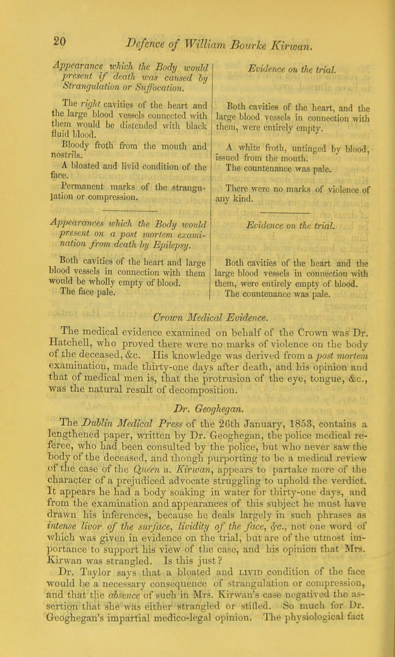 Appearance which the Body would present if death was caused by Strangulation or Suffocation. The right cavities of the heart and the large hlood vessels connected with them would be distended with black fluid blood. Bloody froth from the mouth and nostrils. A bloated and livid condition of the fiiee. Permanent marks of the strangu- lation or compression. Appearances which the Body ivoul/I present on a post mortem exami- nation from death by Epilepsy. Both cavities of the heart and large blood vessels in connection with them would be wholly empty of blood. The face pale. Evidence on the trial. Both cavities of the heart, and the large blood vessels in connection with them, were entirely empty. A white froth, untinged by blood, issued from the mouth. The countenance was pale. There were no marks of violence of anv land. Evidence on the trial. Both cavities of the heart and the large blood vessels in connection with them, were entirely empty of blood. The coimteuance was pale. Crown Medical Evidence. The medical evidence examined on behalf of the Crown was Dr. Hatchell, who proved there were no marks of violence on the body of the deceased, &c. His knowledge was derived from a post mortem examination, made thirty-one days after death, and his opinion and that of medical men is, that the protrusion of the eye, tongue, &c, was the natural result of decomposition. Dr. Geoghegan. The Dublin Medical Press of the 26th January, 1853, contains a lengthened paper, written by Dr. Geoghegan, the police medical re- feree, who had been consulted by the police, but who never saw the body of the deceased, and thotigh purporting to be a medical review of the case of the Queen a. Kirwan, appears to partake more of the character of a prejudiced advocate struggling to uphold the verdict. It appears he had a body soaking in water for thirty-one days, and from the examination and appearances of this subject he must have drawn his inferences, because he deals largely in such phrases as intense livor of the surface, lividity of the face, cj-c, not one word of which was given in evidence on the trial, but are of the utmost im- portance to support his view of the case, and his opinion that Mrs. Kirwan was strangled. Is this just ? Dr. Taylor says that a bloated and livid condition of the face would be a necessary consequence of strangulation or compression, and that the absence of such in Mrs. Kirwan's case negatived the as- sertion that she was either strangled or stilled. So much for Dr. Geoghegan's impartial medico-legal opinion. The physiological fact