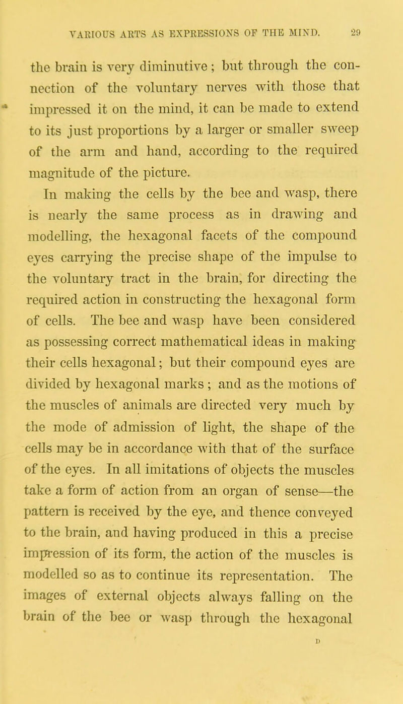 the brain is very diminutive ; but through the con- nection of the voluntary nerves with those that impressed it on the mind, it can be made to extend to its just proportions by a larger or smaller sweep of the arm and hand, according to the required magnitude of the picture. In making the cells by the bee and wasp, there is nearly the same process as in drawing and modelling, the hexagonal facets of the compound eyes carrjdng the precise shape of the impulse to the voluntary tract in the brain, for directing the required action in constructing the hexagonal form of cells. The bee and wasp have been considered as possessing correct mathematical ideas in making their cells hexagonal; but their compound eyes are divided by hexagonal marks ; and as the motions of the muscles of animals are directed very much by the mode of admission of light, the shape of the cells may be in accordance with that of the surface of the eyes. In all imitations of objects the muscles take a form of action from an organ of sense—the pattern is received by the eye, and thence conveyed to the brain, and having produced in this a precise impft-ession of its form, the action of the muscles is modelled so as to continue its representation. The images of external objects always falling on the brain of the bee or wasp tlirough the hexagonal