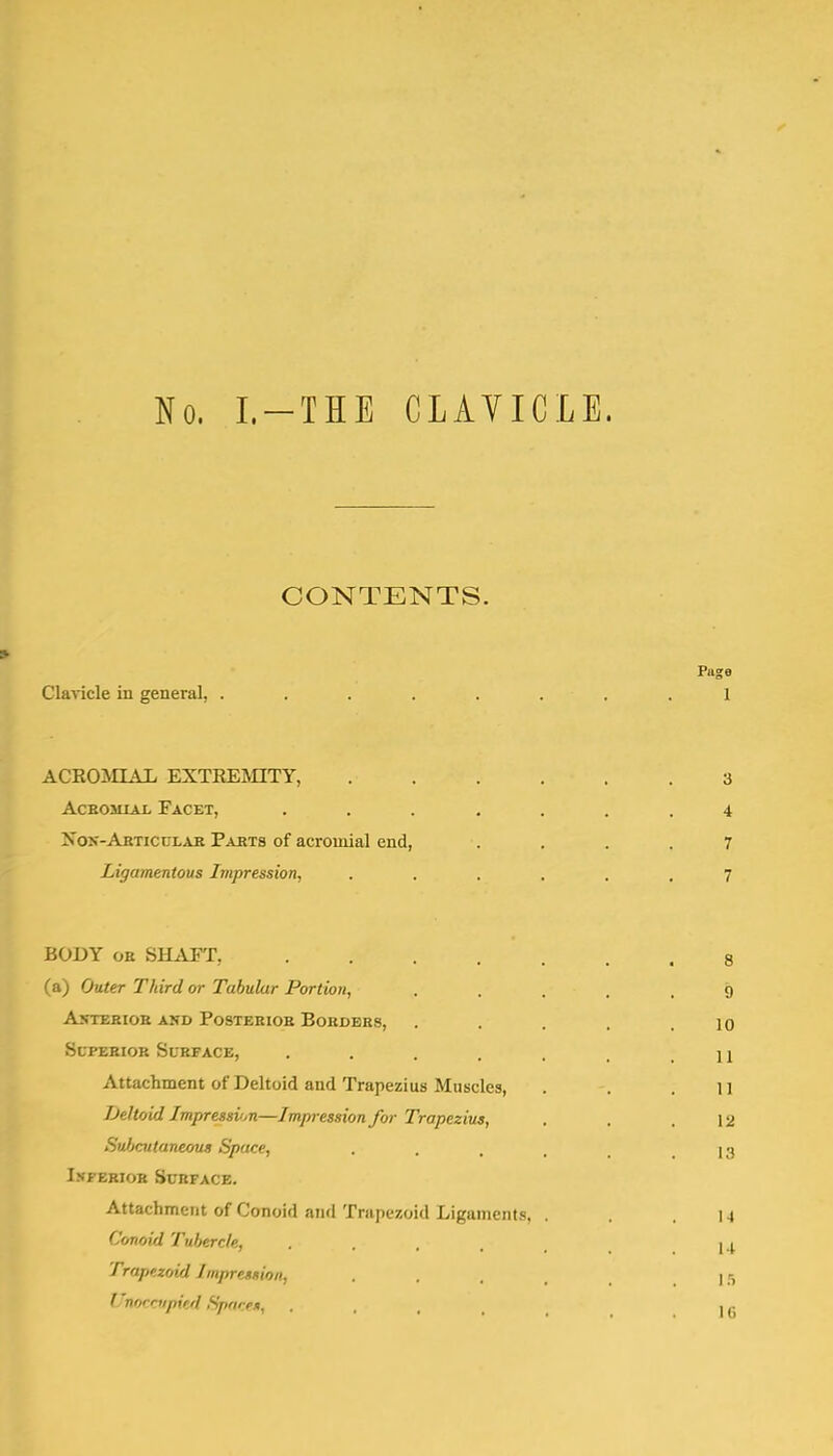 No, L —THE CLAYICLE. Clavicle in general, ..... ACROMIAL EXTREMITY, Acromial Facet, .... Nox-Articular Parts of acromial end, Ligamentous Impression, BODY ob SHAFT, .... (a) Outer Third or Tabular Portion, Anterior and Posterior Borders, Superior Surface, .... Attachment of Deltoid and Trapezius Muscles, Deltoid Impression—Impression for Trapezius, Suliattaneous Space, Inferior Surface. Attachment of Conoid and Trapezoid Ligaments, Conoid Tubercle, . , , Trapezoid Impression, Vnorrvpifjl Spni-fs, CONTENTS.