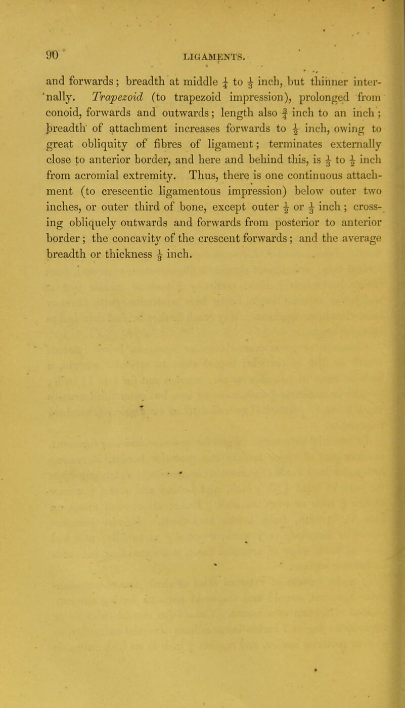 f ' • - and forwards; breadth at middle £ to £ inch, but thinner inter- 'nally. Trapezoid (to trapezoid impression), prolonged from conoid, forwards and outwards; length also £ inch to an inch ; breadth of attachment increases forwards to \ inch, owing to great obliquity of fibres of ligament; terminates externally close to anterior border, and here and behind this, is £ to \ inch from acromial extremity. Thus, there is one continuous attach- ment (to crescentic ligamentous impression) below outer two inches, or outer third of bone, except outer ^ or ^ inch ; cross- ing obliquely outwards and forwards from posterior to anterior border; the concavity of the crescent forwards; and the average breadth or thickness ^ inch.