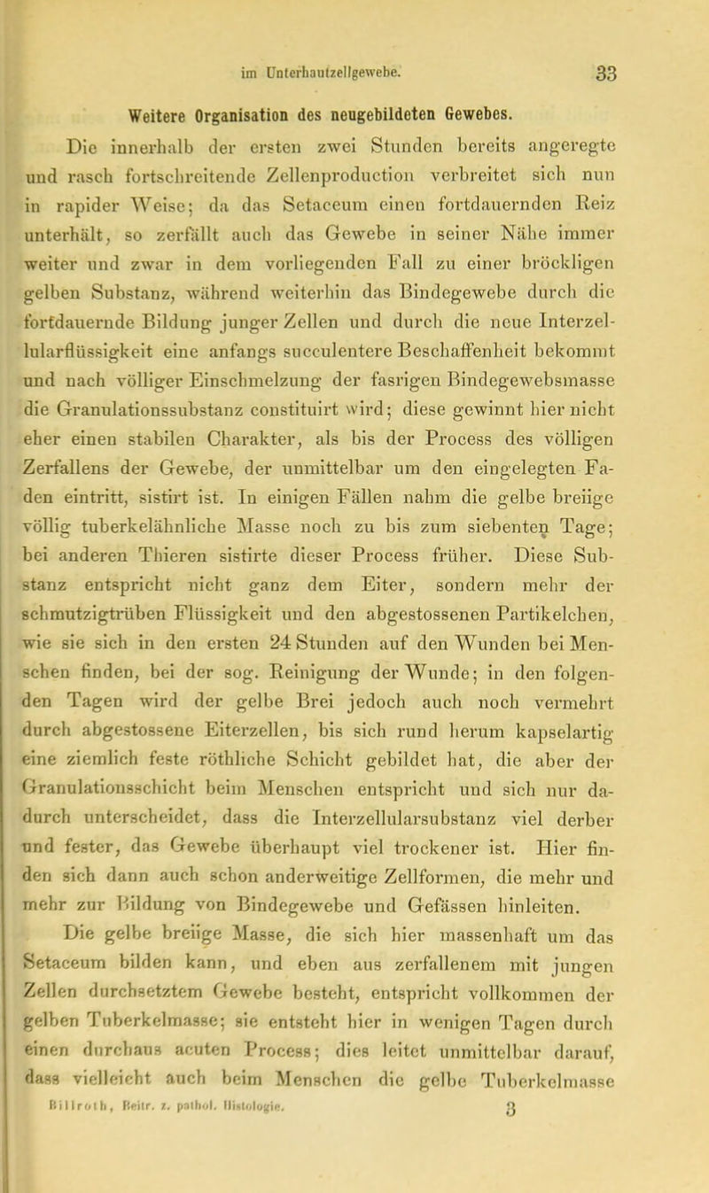 Weitere Organisation des neugebildeten Gewebes. Die innerhalb der ersten zwei Stiinden bereits angeregte und rasch fortschreitende Zellenproduction verbreitet sich nun in rapider Weise; da das Setaceum einen fortdauernden Eeiz unterhält, so zerfällt auch das Gewebe in seiner Nähe immer weiter und zwar in dem vorliegenden Fall zu einer bröckligen gelben Substanz, während weiterhin das Bindegewebe durch die fortdauernde Bildung junger Zellen und durch die neue Interzel- lularflüssigkeit eine anfangs succulentere Beschaffenheit bekommt und nach völliger Elnschmelznng der fasrigen Bindegewebsmasse die Granulationssubstanz constltuirt wird; diese gewinnt hier nicht eher einen stabilen Charakter, als bis der Process des völligen Zerfallens der Gewebe, der unmittelbar um den eingelegten Fa- den eintritt, sistirt ist. In einigen Fällen nahm die gelbe breiige völlig tuberkelähnliche Masse noch zu bis zum siebenten Tage; bei anderen Thieren sistirte dieser Process früher. Diese Sub- stanz entspricht nicht ganz dem Eiter, sondern mehr der schmutzigtrüben Flüssigkeit und den abgestossenen Partikelchen, wie sie sich in den ersten 24 Stunden auf den Wunden bei Men- schen finden, bei der sog. Eeinigung der Wunde; in den folgen- den Tagen wird der gelbe Brei jedoch auch noch vermehrt durch abgestossene Eiterzellen, bis sich rund herum kapselartig eine ziemlich feste röthliche Schicht gebildet hat, die aber der Granulationsschicht beim Menschen entspricht und sich nur da- durch unterscheidet, dass die Interzellularsubstanz viel derber und fester, das Gewebe überhaupt viel trockener ist. Hier fin- den sich dann auch schon anderweitige Zellfornien, die mehr und mehr zur Bildung von Bindegewebe und Gefässen hinleiten. Die gelbe breiige Masse, die sich hier massenhaft um das Setaceum bilden kann, und eben aus zerfallenem mit jungen Zellen durchsetztem Gewebe besteht, entspricht vollkommen der gelben Tuberkelraasse; sie entsteht hier in wenigen Tagen durcli einen durchaus acuten Process; dies leitet unmittelbar darauf, dass vielleicht auch beim Menschen die gelbe Tuberkelniasse (UUrüth, F'.eilr. z. palliol. Mi.4tolu{;ie. U