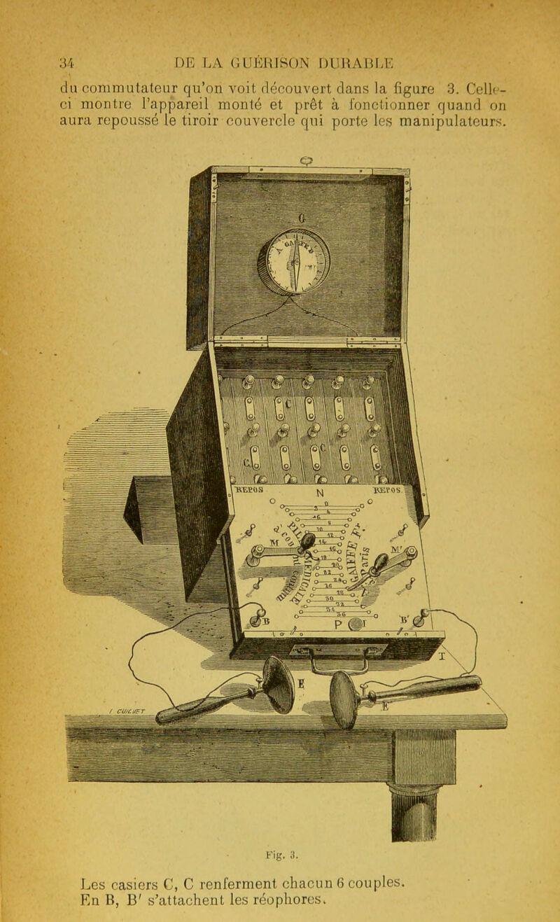 du commutateur qu'on voit découvert clans la figure 3. Celle- ci montre l'appareil monté et prêt à l'onclionner quand on aura repoussé le tiroir couvercle qui porte les manipulateurs. Pig. 3. Les casiers C, C renferment chacun 6 couples. En B, B' s'attachent les réophores.