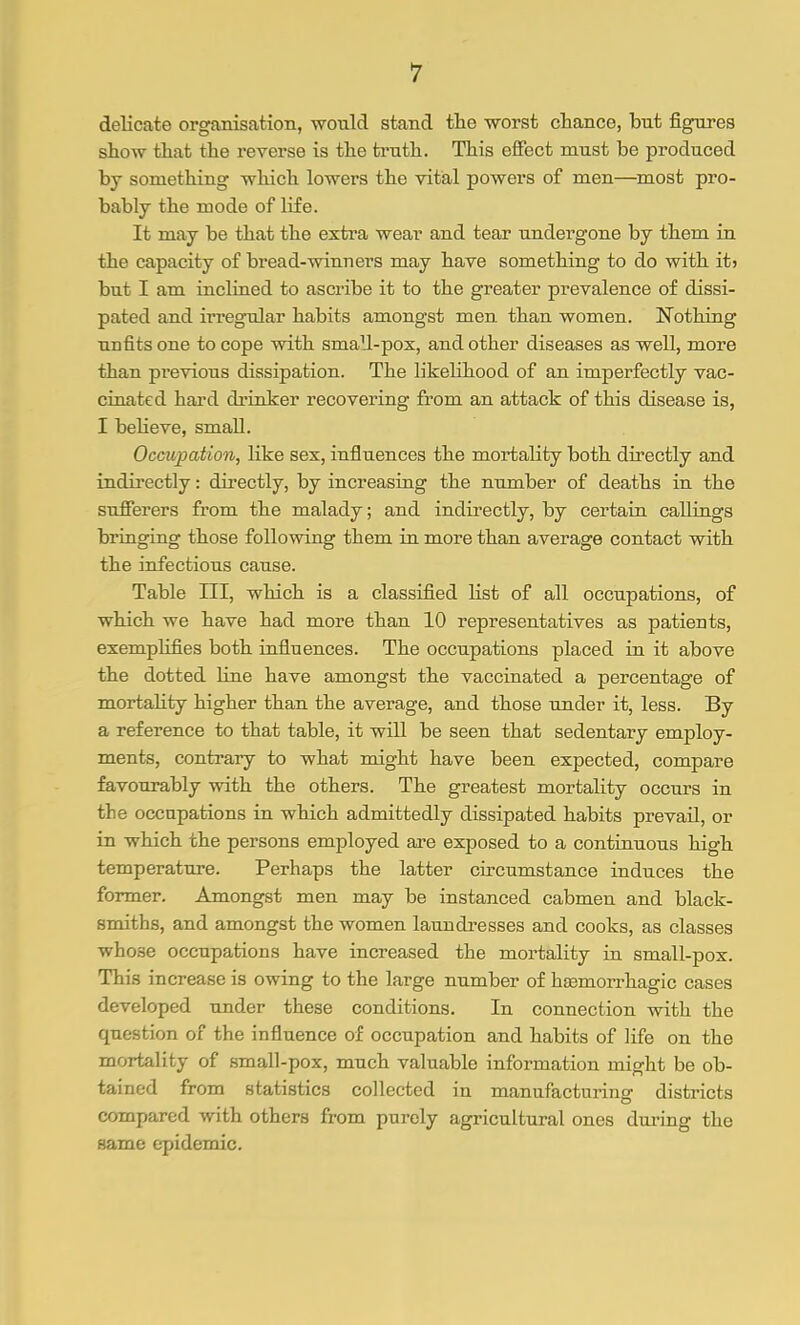 delicate organisation, would stand the worst chance, but figures show that the reverse is the truth. This effect must be produced by something which lowers the vital powers of men—most pro- bably the mode of life. It may be that the extra wear and tear undergone by them in the capacity of bread-winners may have something to do with itj but I am inclined to ascribe it to the greater prevalence of dissi- pated and irregular habits amongst men than women. Nothing unfits one to cope with small-pox, and other diseases as well, more than previous dissipation. The likelihood of an imperfectly vac- cinated hard drinker recovering from an attack of this disease is, I beheve, small. Occupation, like sex, influences the mortality both directly and indirectly: directly, by increasing the number of deaths in the sufferers from the malady; and indirectly, by certain callings bringing those following them in more than average contact with the infectious cause. Table HI, which is a classified list of all occupations, of which we have had more than 10 representatives as patients, exemplifies both influences. The occupations placed in it above the dotted line have amongst the vaccinated a percentage of mortaHty higher than the average, and those under it, less. By a reference to that table, it will be seen that sedentary employ- ments, contrary to what might have been expected, compare favourably with the others. The greatest mortality occurs in the occupations in which admittedly dissipated habits prevail, or in which the persons employed are exposed to a continuous high temperature. Perhaps the latter circumstance induces the former. Amongst men may be instanced cabmen and black- smiths, and amongst the women laundresses and cooks, as classes whose occupations have increased the mortality in small-pox. This increase is owing to the large number of hemorrhagic cases developed under these conditions. In connection with the question of the influence of occupation and habits of life on the mortality of small-pox, much valuable information might be ob- tained from statistics collected in manufacturing districts compared with others from purely agricultural ones during the same epidemic.