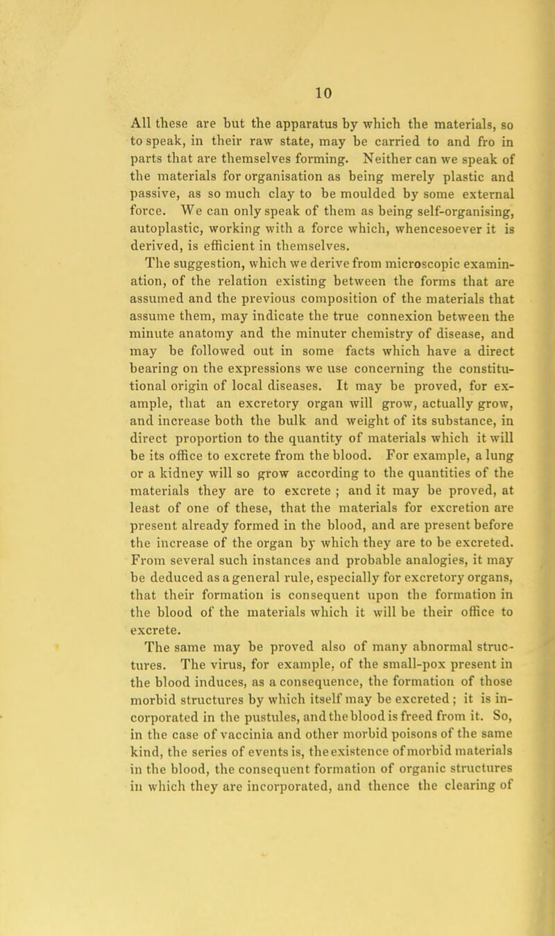 All these are but the apparatus by which the materials, so to speak, in their raw state, may be carried to and fro in parts that are themselves forming. Neither can we speak of the materials for organisation as being merely plastic and passive, as so much clay to be moulded by some external force. We can only speak of them as being self-organising, autoplastic, working with a force which, whencesoever it is derived, is efficient in themselves. The suggestion, which we derive from microscopic examin- ation, of the relation existing between the forms that are assumed and the previous composition of the materials that assume them, may indicate the true connexion between the minute anatomy and the minuter chemistry of disease, and may be followed out in some facts which have a direct bearing on the expressions we use concerning the constitu- tional origin of local diseases. It may be proved, for ex- ample, that an excretory organ will grow, actually grow, and increase both the bulk and weight of its substance, in direct proportion to the quantity of materials which it will be its office to excrete from the blood. For example, a lung or a kidney will so grow according to the quantities of the materials they are to excrete ; and it may be proved, at least of one of these, that the materials for excretion are present already formed in the blood, and are present before the increase of the organ by which they are to be excreted. From several such instances and probable analogies, it may be deduced as a general rule, especially for excretory organs, that their formation is consequent upon the formation in the blood of the materials which it will be their office to excrete. The same may be proved also of many abnormal struc- tures. The virus, for example, of the small-pox present in the blood induces, as a consequence, the formation of those morbid structures by which itself may be excreted; it is in- corporated in the pustules, and the blood is freed from it. So, in the case of vaccinia and other morbid poisons of the same kind, the series of events is, the existence of morbid materials in the blood, the consequent formation of organic structures ill which they are incoi-porated, and thence the clearing of