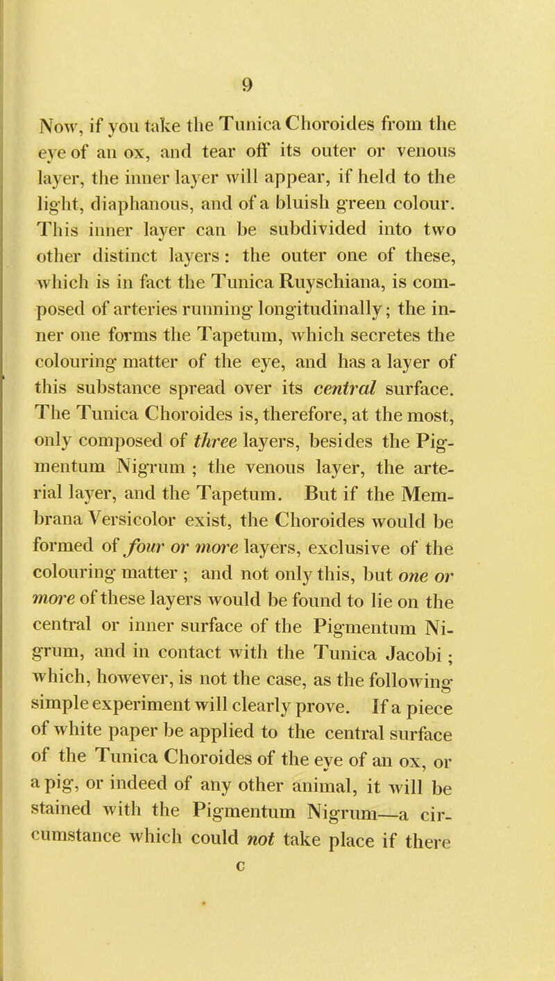 Now, if you take the Tunica Choroicles from the eye of an ox, and tear otf its outer or venous layer, the inner layer will appear, if held to the lig ht, diaphanous, and of a bluish green colour. This inner layer can be subdivided into two other distinct layers: the outer one of these, which is in fact the Tunica Ruyschiana, is com- posed of arteries running longitudinally; the in- ner one forms the Tapetum, which secretes the colouring matter of the eye, and has a layer of this substance spread over its central surface. The Tunica Choroides is, therefore, at the most, only composed of three layers, besides the Pig- mentum Nigrum ; the venous layer, the arte- rial layer, and the Tapetum. But if the Mem- brana Versicolor exist, the Choroides would be formed of four or more layers, exclusive of the colouring matter ; and not only this, but one or more of these layers would be found to lie on the central or inner surface of the Pigmentum Ni- grum, and in contact with the Tunica Jacobi; which, however, is not the case, as the following simple experiment will clearly prove. If a piece of white paper be applied to the central surface of the Tunica Choroides of the eye of an ox, or a pig, or indeed of any other animal, it will be stained with the Pigmentum Nigrum—a cir- cumstance which could not take place if there c