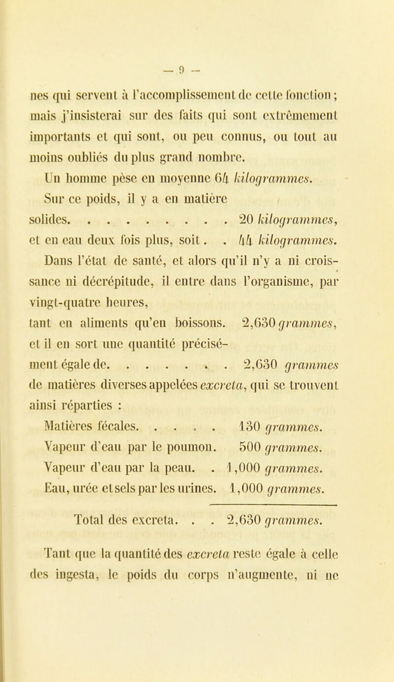 nés qui servent à raccomplissenicntdc celle lonclion ; mais j'insislerai sur des laits qui sont extrêmement importants et qui sont, ou peu connus, ou tout au moins oubliés du plus grand nombre. Un homme pèse en moyenne 6/i kilogrammes. Sur ce poids, il y a en matière solides 20 kilogrammes., et en eau deux lois plus, soit. . Ixk kilogrammes. Dans l'état de santé, et alors qu'il n'y a ni crois- sance ni décrépitude, il entre dans l'organisme, par vingt-quatre heures, tant en aliments qu'en boissons. 1,QoQ grammes, et il en sort une quantité précisé- ment égale de v . 2,630 grammes de matières diverses appelées excréta, qui se trouvent ainsi réparties : Matières fécales 130 grammes. Vapeur d'eau par le poumon. 500 grammes. Vapeur d'eau par la peau. . \ ,000 grammes. Eau, urée et sels par les urines, l ,000 grammes. Total des excréta. . . 2,630 grammes. Tant que la quantité des excréta reste égale à celle des ingesta, le poids du corps n'augmente, ni ne