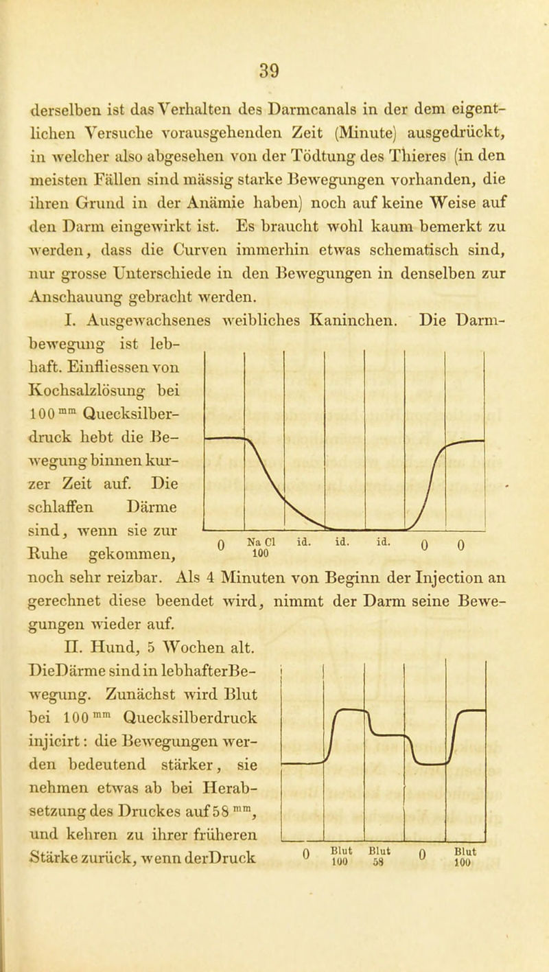 derselben ist das Verhalten des Darmcanals in der dem eigent- lichen Versuche vorausgehenden Zeit (Minute) ausgedrückt, in Avelcher also abgesehen von der Tödtung des Thieres (in den meisten Fällen sind massig starke Bewegungen vorhanden, die ihren Grund in der Anämie haben) noch auf keine Weise auf den Darm eingewirkt ist. Es braucht wohl kaum bemerkt zu werden, dass die Curven immerhin etwas schematisch sind, nur grosse Unterschiede in den Bewegungen in denselben zur Anschauung gebracht werden. I. Ausgewachsenes Aveibliches Kaninchen. Die Darm- bewegung ist leb- haft. Einfiiessen von Kochsalzlösung bei lOO Quecksilber- druck hebt die Be- wegung binnen km- 2 er Zeit auf. Die schlaffen Därme sind, wenn sie zur Q Na Cl id. id. id. q q Ruhe gekommen, loo noch sehr reizbar. Als 4 Minuten von Beginn der Injection an gerechnet diese beendet wird, nimmt der Darm seine Bewe- gungen wieder auf. n. Hund, 5 Wochen alt. DieDärme sind in lebhafterBe- wegung. Zunächst wird Blut bei 100'' Quecksilberdruck injicirt: die Bewegungen wer- den bedeutend stärker, sie nehmen etwas ab bei Herab- setzung des Druckes auf 58 '', und kehren zu ihrer früheren Stärke zurück, wenn derDruck ^ liS' ^ss' ^