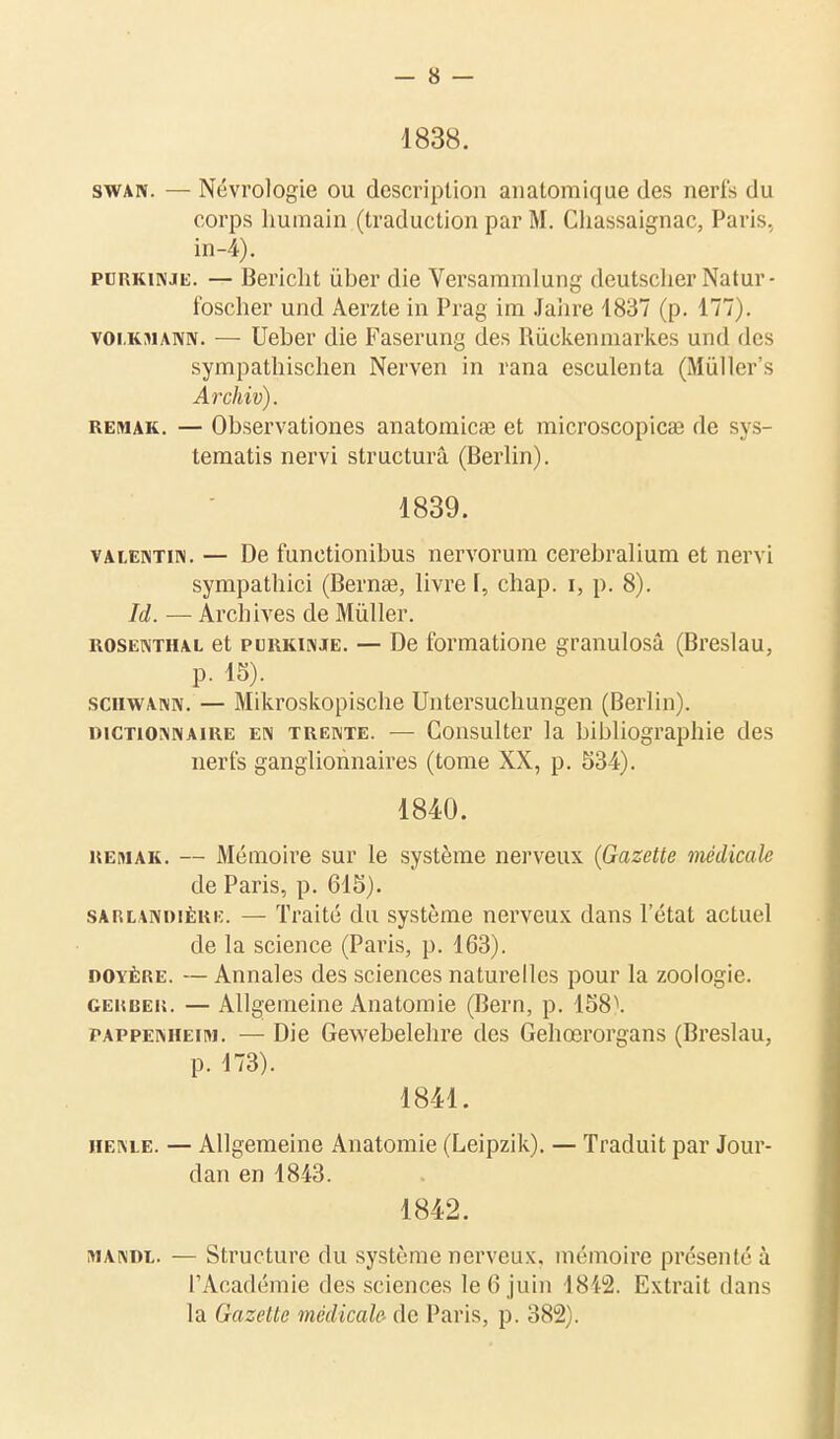 1838. swan. — Névrologie ou description anatomique des nerfs du corps humain (traduction par M. Chassaignac, Paris, in-4). purkinje. — Bericht iiber die Versammlung deutscher Natur- foscher und Aerzte in Prag im Jaiire 1837 (p. 177). voi.kmann. — Ueber die Faserung des Rùckenmarkes und des sympathischen Nerven in rana esculenta (Mùller's Archiv). remak. — Observationes anatomiese et microscopicœ de sys- tematis nervi structura (Berlin). 1839. valentin. — De functionibus nervorum cerebralium et nervi sympathici (Bernœ, livre [, chap. i, p. 8). Id. — Archives de Mûller. rosenthal et purkinje. — De formatioiie granulosâ (Breslau, p. 15). schwann. — Mikroskopische Untersuchungen (Berlin). dictionnaire en trente. — Consulter la bibliographie des nerfs ganglionnaires (tome XX, p. 534). 1840. remak. — Mémoire sur le système nerveux (Gazette médicale de Paris, p. 615). saulandière. — Traité du système nerveux dans l'état actuel de la science (Paris, p. 163). doyère. — Annales des sciences naturelles pour la zoologie. gerrer. — Allgemeine Anatomie (Bern, p. 158\ pappenheim. — Die Gewebelehre des Gehœrorgans (Breslau, p. 173). 1841. henle. — Allgemeine Anatomie (Leipzik). — Traduit par Jour- dan en 1843. 1842. mandi. — Structure du système nerveux, mémoire présenté à TAcadémie des sciences le 6 juin 1812. Extrait dans la Gazette médicale- de Paris, p. 382).