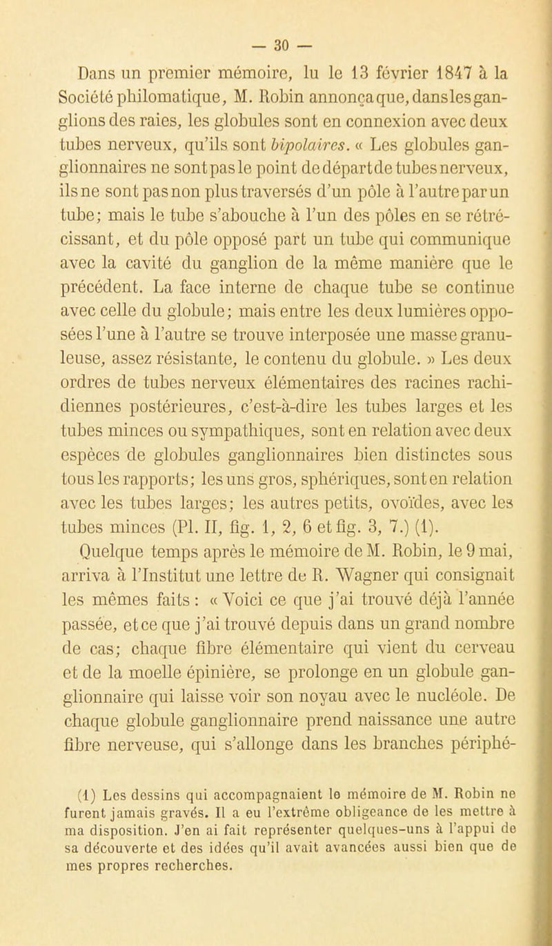 Dans un premier mémoire, lu le 13 février 1847 à la Société philomatique, M. Robin annonça que, dansles gan- glions des raies, les globules sont en connexion avec deux tubes nerveux, qu'ils sont bipolaires. « Les globules gan- glionnaires ne sont pas le point de départde tubes nerveux, ils ne sont pas non plus traversés d'un pôle à l'autre parun tube; mais le tube s'aboucbe à l'un des pôles en se rétré- cissant, et du pôle opposé part un tube qui communique avec la cavité du ganglion de la même manière que le précédent. La face interne de chaque tube se continue avec celle du globule ; mais entre les deux lumières oppo- sées l'une à l'autre se trouve interposée une masse granu- leuse, assez résistante, le contenu du globule. » Les deux ordres de tubes nerveux élémentaires des racines rachi- diennes postérieures, c'est-à-dire les tubes larges et les tubes minces ou sympathiques, sont en relation avec deux espèces de globules ganglionnaires bien distinctes sous tous les rapports; les uns gros, sphériques, sont en relation avec les tubes larges; les autres petits, ovoïdes, avec les tubes minces (Pl. II, fig. 1, 2, 6 etfig. 3, 7.) (1). Quelque temps après le mémoire de M. Robin, le 9 mai, arriva à l'Institut une lettre de R. Wagner qui consignait les mêmes faits : « Voici ce que j'ai trouvé déjà l'année passée, et ce que j'ai trouvé depuis dans un grand nombre de cas; chaque fibre élémentaire qui vient du cerveau et de la moelle épinière, se prolonge en un globule gan- glionnaire qui laisse voir son noyau avec le nucléole. De chaque globule ganglionnaire prend naissance une autre fibre nerveuse, qui s'allonge dans les branches périphé- (1) Les dessins qui accompagnaient le mémoire de M. Robin ne furent jamais gravés. Il a eu l'extrême obligeance de les mettre à ma disposition. J'en ai fait représenter quelques-uns à l'appui de sa découverte et des idées qu'il avait avancées aussi bien que de mes propres recherches.