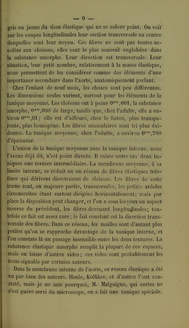 gris ou jaune du tissu élastique qui ne se colore point. On voit sur les coupes longitudinales leur section transversale au centre desquelles sont leur noyau. Ces fibres ne sont pas toutes ac- colées aux cloisons, elles sont le plus souvent englobées dans la substance amorphe. Leur direction est transversale. Leur situation, leur petit nombre, relativement à la masse élastique, nous permettent de les considérer comme des éléments d'une importance secondaire dans l'aorte, analomiquement parlant. Chez l'enfant de neuf mois, les choses sont peu différentes. Les dimensions seules varient, surtout pour les éléments de la tunique moyenne. Les cloisons ont à peine 0,001, la substance amorphe, 0,006 de large, tandis que, chez l'adulte, elle a en- viron 0,01 ; elle est d'ailleurs, chez le fœtus, plus transpa- rente, plus homogène. Les libres musculaires sont ici plus évi- dentes. La tunique moyenne, chez l'adulte, a environ 0'',780 d'épaisseur. L'union de la tunique moyenne avec la tunique interne, nous l'avons déjà dit, n'est point directe. Il existe entre ces deux tu- niques une texture intermédiaire. La membrane moyenne, à sa limite interne, se réduit en un .réseau de fibres élastiques très- fines qui dérivent directement de cloison?. Les fibres de cette trame sont, en majeure partie, transversales, les petites aréoles circonscrites étant surtout dirigées horizontalement; ir:ais par place la disposition peut changer, et l'on a sous les yeux un aspect inverse du précédent, les fibres devenant longitudinales; tou- tefois ce fait est assez rare; le fait constant est la direction trans- versale des fibres. Dans ce réseau, les mailles sont d'autant plus petites qu'on se rapproche davantage de la tunique interne, et l'on constate là un passage insensible entre les deux textures. La substance élastique amorphe remplit la plupart de ces espaces, mais en laisse d'autres vides ; ces vides sont probablement les trous signalés par certains auteurs. Dans la membrane interne de l'aorte, ce réseau élastique a été vu par bien des auteurs. Henle, Kolliker, et d'autres l'ont con- staté, mais je ne sais pourquoi, M. Malgaigne, qui certes ne s'est guère servi du microscope, en a fait une tunique spéciale.