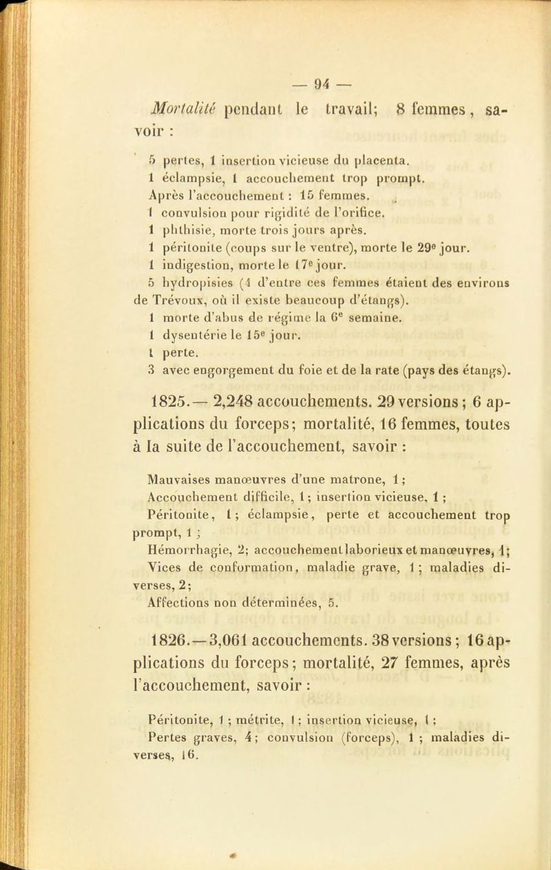 iUfor/a/zVe' pendant le travail; 8 femmes, sa- voir : 5 perles, 1 insertioQ vicieuse du placenta. 1 éciampsie, 1 accouchement trop prompt. Après l'accouchement : 15 femmes. 1 convulsion pour rigidité de l'orifice. 1 plithisie, morte trois jours après. 1 péritonite (coups sur le ventre), morte le 29^ jour. 1 indigestion, morte le 17 jour. 5 hydropisies [ i d'entre ces femmes étaient des environs de Trévoux, où il existe beaucoup d'étangs). 1 morte d'abus de régime la 6^ semaine. 1 dysenlérie le 15e jour, l perte. 3 avec engorgement du foie et de la rate (pays des étangs). 1825. — 2,248 accouchements. 29 versions ; 6 ap- plications du forceps; mortalité, 16 femmes, toutes à la suite de l'accouchement, savoir : Mauvaises manœuvres d'une matrone, 1 ; Accouchement difficile, 1; insertion vicieuse, 1 ; Péritonite, 1; éciampsie, perle et accouchement trop prompt, 1 ; Hémorrhagie, 2; accouchementlaborieux et manœuvres, 1; Vices de conformation, maladie grave, 1; maladies di- verses, 2; Affections non déterminées, 5. 1826. -3,061 accouchements. 38versions; 16ap- plications du forceps ; mortalité, 27 femmes, après l'accouchement, savoir : Péritonite, 1 ; métrite, I ; insertion vicieuse, 1 ; Pertes graves, 4 ; convulsion (forceps), 1 ; maladies di- verse^, 16.
