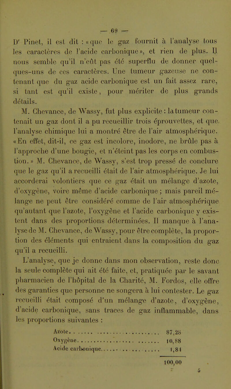 D' Pinet, il est dit :«que le roiirnit à l'analyse tous les caractères de l'acide carbonique», et rien de plus. Il nous semble qu'il n'eût pas été superflu de donner quel- ques-uns de ces caractères. Une tumeur gazeuse ne con- tenant que du g'az acide carbonique est un fait assez rare, si tant est qu'il existe, pour mériter de plus gTands détails. M. Ghevance, de Wassy, fut plus explicite : la tumeur con- tenait un g-az dont il a pu recueillir trois éprouvettes, et que., l'analyse chimique lui a montré être de l'air atmosphérique. «En effet, dit-il, ce gm est incolore, inodore, ne brûle pas à l'approche d'une boug-ie, et n'éteint pas les corps en combus- tion. » M. Ghevance, de Wassy, s'est trop pressé de conclure que le g-az qu'il a recueilli était de l'air atmosphérique. Je lui accorderai volontiers que ce gm était un mélangée d'azote, d'oxyg'ène, voire même d'acide carbonique ; mais pareil mé- langée ne peut être considéré comme de l'air atmosphérique qu'autant que l'azote, l'oxyg-ène et l'acide carbonique y exis- tent dans des proportions déterminées. Il manque à l'ana- lyse de M. Ghevance, de Wassy, pour être complète, la propor- tion des éléments qui entraient dans la composition du g^az qu'il a recueilli. L'analyse, que je donne dans mon observation, reste donc la seule complète qui ait été faite, et, pratiquée par le savant pharmacien de l'hôpital de la Gharité, M. Fordos, elle offre des g-aranties que personne ne song-era à lui contester. Le g'az recueilli était composé d'un mélang-e d'azote, d'oxyg'ène, d'acide carbonique, sans traces de g*az inflammable, dans les proportions suivantes : Azote 87,28 Oxyfiène '. 10,88 Acide carlx)nique .. ,. |,84 100,00 5