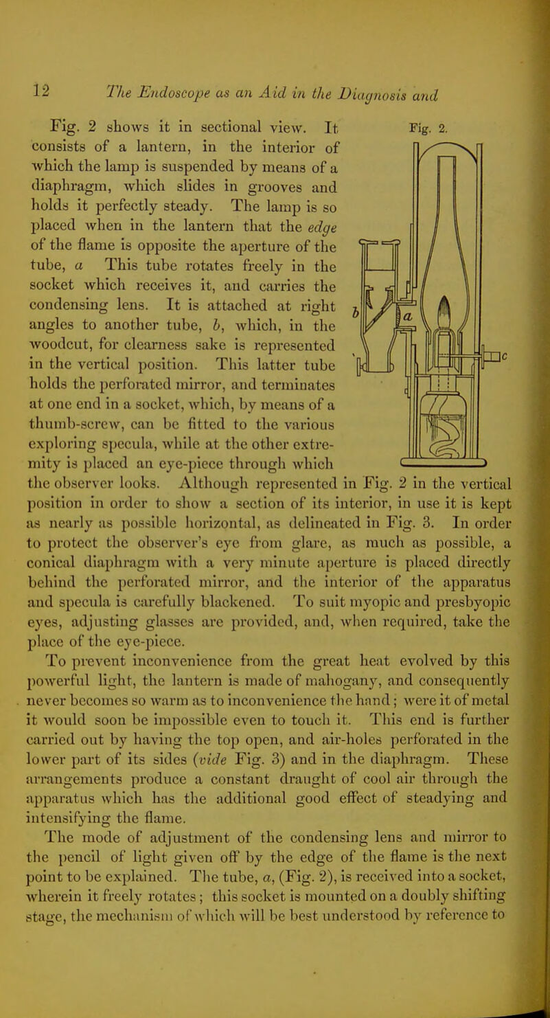 Fig. 2 shows it in sectional view. It consists of a lantern, in the interior of which the lamp is suspended by means of a diaphragm, which slides in grooves and holds it perfectly steady. The lamp is so placed when in the lantern that the edge of the flame is opposite the aperture of the tube, a This tube rotates freely in the socket which receives it, and carries the condensing lens. It is attached at right angles to another tube, h, which, in the woodcut, for clearness sake is represented in the vertical position. This latter tube holds the perforated mirror, and terminates at one end in a socket, which, by means of a thumb-screw, can be fitted to the various exploring specula, while at the other extre- mity is placed an eye-piece through which the observer looks. Although represented in Fig. 2 in the vertical position in order to show a section of its interior, in use it is kept as nearly as possible horizontal, as delineated in Fig. 3. In order to protect the observer's eye from glare, as much as possible, a conical diaphragm with a very minute aperture is placed directly behind the perforated mirror, and the interior of the apparatus and specula is carefully blackened. To suit myopic and presbyopic eyes, adjusting glasses are provided, and, when required, take the place of tlie eye-piece. To pievcnt inconvenience from the great heat evolved by this powerful light, the lantern is made of mahogany, and consequently never becomes so warm as to inconvenience the hand; were it of metal it would soon be impossible even to touch it. This end is further carried out by having the top open, and air-holes perforated in the lower pai't of its sides {vide Fig. 3) and in the diaphragm. These arrangements produce a constant draught of cool air through the apparatus which has the additional good effect of steadying and intensifying the flame. The mode of adjustment of the condensing lens and mirror to the pencil of light given off by the edge of the flame is the next point to be explained. The tube, a, (Fig. 2), is received into a socket, wherein it freely rotates; this socket is mounted on a doubly shifting stage, the mechanism of wliich will he best imderstood by reference to