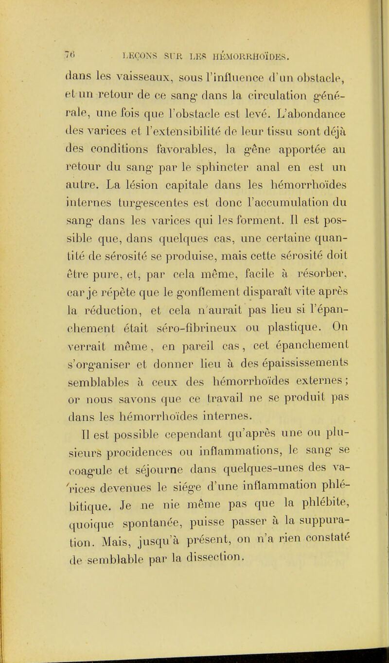 dans les vaisseaux, sous l'influence d'un obslacle, et un retour de ce sang* dans la circulation géné- rale, une fois que l'obstacle est levé. L'abondance des varices et l'extensibilité de leur tissu sont déjà des conditions favorables, la g-êne apportée au retour du sang' par le sphincter anal en est un autre. La lésion capitale dans les hémorrhoïdes internes turg-escentes est donc l'accumulation du sang- dans les varices qui l^s forment. 11 est pos- sible que, dans quelques cas, une certaine quan- tité de sérosité se produise, mais cette sérosité doit être pure, et, par cela même, facile à résorber, car je répète que le g'onflement disparaît vite après la réduction, et cela n'aurait pas lieu si l'épan- chement était séro-fibrineux ou plastique. On verrait même, en pareil cas, cet épanchement s'org'aniser et donner lieu à des épaississements semblables à ceux des hémorrhoïdes externes; or nous savons que ce travail ne se produit pas dans les hémorrlioïdes internes. Il est possible cependant qu'après une ou plu- sieurs procidences ou inflammations, le sang- se coag-ule et séjourne dans quelques-unes des va- rices dcA^enues le siég-e d'une inflammation phlé- bitique. Je ne nie même pas que la phlébite, quoique spontanée, puisse passer à la suppura- tion. Mais, jusqu'à présent, on n'a rien constaté de semblable par la dissection.