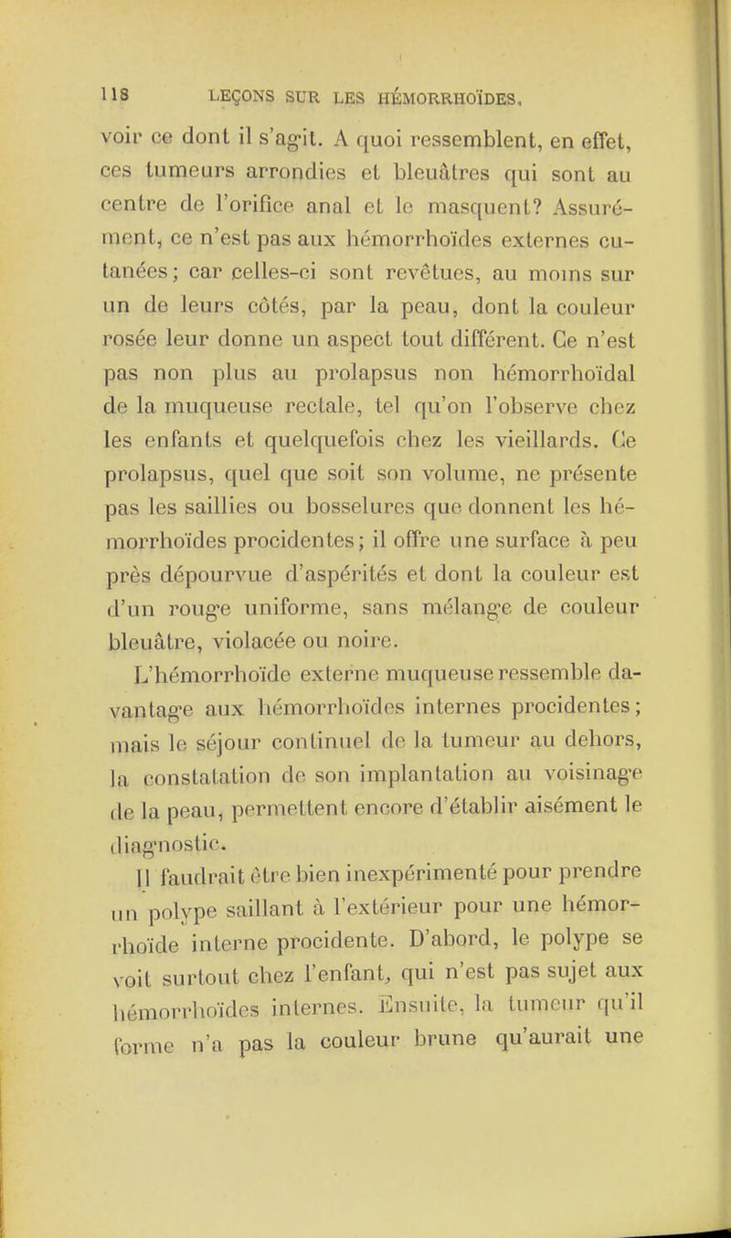 voir ce dont il s'ag-it. A quoi ressemblent, en effet, ces tumeurs arrondies et bleuâtres qui sont au centre de l'orifice anal et le masquent? Assuré- mentj ce n'est pas aux hémorrhoïdes externes cu- tanées; car celles-ci sont revêtues, au moms sur un de leurs côtés, par la peau, dont la couleur rosée leur donne un aspect tout difierent. Ce n'est pas non plus au prolapsus non hémorrhoïdal de la muqueuse rectale, tel qu'on l'observe chez les enfants et quelquefois chez les vieillards. Ce prolapsus, quel que soit son volume, ne présente pas les saillies ou bosselures que donnent les hé- morrhoïdes procidentes ; il offre une surface à peu près dépourvue d'aspérités et dont la couleur est d'un roug'e uniforme, sans mélangée de couleur bleuâtre, violacée ou noire. L'hémorrhoïde externe muqueuse ressemble da- vantag-e aux hémorrhoïdes internes procidentes; mais le séjour continuel de la tumeur au dehors, la constatation de son implantation au voisinag^e fie la peau, permettent encore d'établir aisément le diagnostic, tl faudrait être bien inexpérimenté pour prendre un polype saillant à l'extérieur pour une hémor- rhoïde interne procidente. D'abord, le polype se voit surtout chez l'enfant, qui n'est pas sujet aux hémorrhoïdes internes. Ensuite, la tumeur qu'il forme n'a pas la couleur brune qu'aurait une