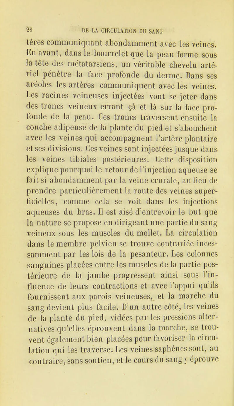 tères communiquant abondamment avec les veines. En avant, dans le bourrelet que la peau forme sous la tête des métatarsiens, un véritable chevelu arté- riel pénètre la face profonde du derme. Dans ses aréoles les artères communiquent avec les veines. Les racines veineuses injectées vont se jeter dans des troncs veineux errant çà et là sur la face pro- fonde de la peau. Ces troncs traversent ensuite la couche adipeuse de la plante du pied et s'abouchent avec les veines qui accompagnent l'artère plantaire et ses divisions. Ces veines sont injectées jusque dans les veines tibiales postérieures. Cette disposition explique pourquoi le retour de l'injection aqueuse se fait si abondamment par la veine crurale, au lieu de prendre pariiculièremenl la route des veines super- ficielles, comme cela se voit dans les injections aqueuses du bras. Il est aisé d'entrevoir le but que la nature se propose en dirigeant une partie du sang veineux sous les muscles du mollet. La circulation dans le membre pelvien se trouve contrariée inces- samment par les lois de la pesanteur. Les colonnes sanguines placées entre les muscles de la partie pos- térieure de la jambe progressent ainsi sous l'in- fluence de leurs contractions et avec l'appui qu'ils fournissent aux parois veineuses, et la marche du sang devient plus facile. D'un autre côté, les veines de la plante du pied, vidées par les pressions alter- natives qu'elles éprouvent dans la marche, se trou- vent également bien placées pour favoriser la circu- lation qui les traverse. Les veines saphènes sont, au contraire, sans soutien, et le cours du sang y éprouve