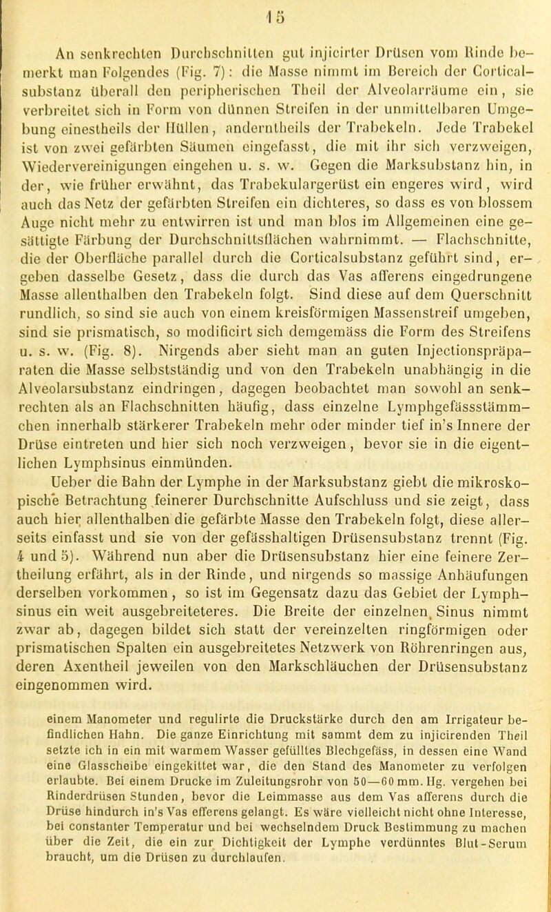 An senkrechten Durchschnitten gut injicirler Drüsen vom Rinde be- merkt man Folgendes (Fig. 7): die Masse nimmt im Bereich der Cortical- subslanz überall den peripherischen Theil der Alveolarräume ein, sie verbreitet sich in Form von dünnen Streifen in der unmittelbaren Umge- bung einestheils der Hüllen, anderntheils der Trabekeln. Jede Trabekel ist von zwei gefärbten Säumen eingefasst, die mit ihr sich verzweigen, Wiedervereinigungen eingehen u. s. w. Gegen die Marksubstanz hin, in der, wie früher erwähnt, das Trabekulargerüst ein engeres wird , wird auch das Netz der gefärbten Streifen ein dichteres, so dass es von blossem Auge nicht mehr zu entwirren ist und man blos im Allgemeinen eine ge- sättigte Färbung der Durchschnittsflächen wahrnimmt. — Flachschnilte, die der Oberfläche parallel durch die Corticalsubstanz geführt sind, er- geben dasselbe Gesetz, dass die durch das Vas afferens eingedrungene Masse allenthalben den Trabekeln folgt. Sind diese auf dem Querschnitt rundlich, so sind sie auch von einem kreisförmigen Massenstreif umgeben, sind sie prismatisch, so modificirt sich demgemäss die Form des Streifens u. s. w. (Fig. 8). Nirgends aber sieht man an guten Injectionspräpa- raten die Masse selbstständig und von den Trabekeln unabhängig in die Alveolarsubstanz eindringen, dagegen beobachtet man sowohl an senk- rechten als an Flachschnitten häufig, dass einzelne Lymphgefässstämm- chen innerhalb stärkerer Trabekeln mehr oder minder tief in's Innere der Drüse eintreten und hier sich noch verzweigen, bevor sie in die eigent- lichen Lymphsinus einmünden. Ueber die Bahn der Lymphe in der Marksubstanz giebt die mikrosko- pische Betrachtung feinerer Durchschnitte Aufschluss und sie zeigt, dass auch hier allenthalben die gefärbte Masse den Trabekeln folgt, diese aller- seits einfasst und sie von der gefässhaltigen Drüsensubstanz trennt (Fig. 4 und 5). Während nun aber die Drüsensubstanz hier eine feinere Zer- theilung erfährt, als in der Rinde, und nirgends so massige Anhäufungen derselben vorkommen , so ist im Gegensatz dazu das Gebiet der Lymph- sinus ein weit ausgebreiteteres. Die Breite der einzelnen, Sinus nimmt zwar ab, dagegen bildet sich statt der vereinzelten ringförmigen oder prismatischen Spalten ein ausgebreitetes Netzwerk von Röhrenringen aus, deren Axentheil jeweilen von den Markschläuchen der Drüsensubslanz eingenommen wird. einem Manometer und regulirte die Druckstärke durch den am Irrigateur be- findlichen Hahn. Die ganze Einrichtung mit sammt dem zu injicirenden Theil setzte ich in ein mit warmem Wasser gefülltes Blechgefäss, in dessen eine Wand eine Glasscheibe eingekittet war, die den Stand des Manometer zu verfolgen erlaubte. Bei einem Drucke im Zuleitungsrohr von 50—60 mm. Hg. vergehen bei Rinderdrüsen Stunden, bevor die Leimmasso aus dem Vas afferens durch die Drüse hindurch in's Vas efferens gelangt. Es wäre vielleicht nicht ohne Interesse, bei constanter Temperatur und bei wechselndem Druck Bestimmung zu machen über die Zeit, die ein zur Dichtigkeit der Lymphe verdünntes Blut-Serum braucht, um die Drüsen zu durchlaufen.