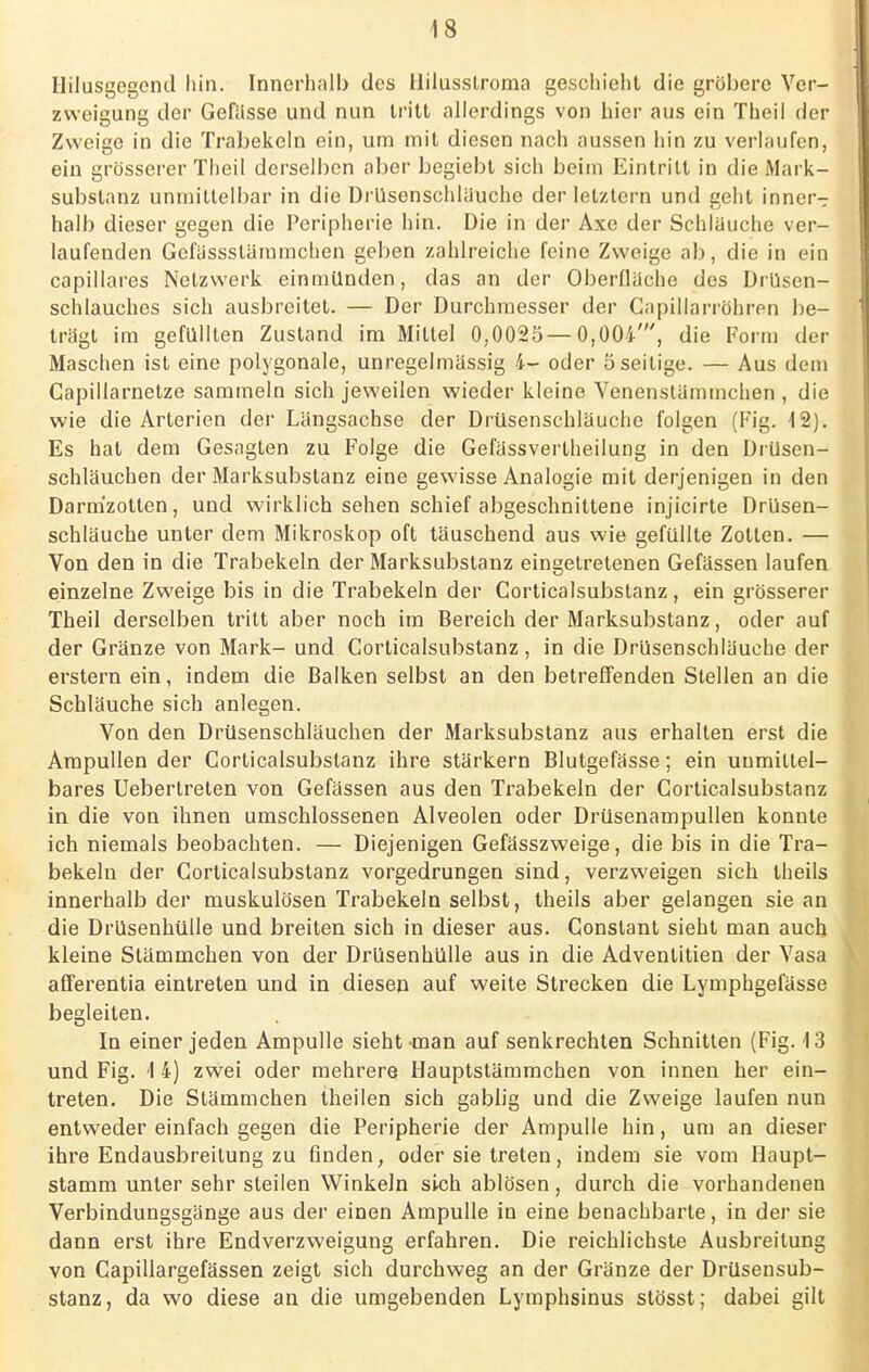 Hilusgegend hin. Innerhalb des Hilusslroma geschieht die gröbere Ver- zweigung der Gefüsse und nun tritt allerdings von hier aus ein Theil der Zweige in die Trabekcln ein, um mit diesen nach aussen hin zu verlaufen, ein grösserer Theil derselben aber begiebt sich beim Eintritt in die Mark- substanz unmittelbar in die Drüsenschläuche der letztern und geht inner-r halb dieser gegen die Peripherie hin. Die in der Axe der Schlauche ver- laufenden Gefässslämmchen geben zahlreiche feine Zweige ab, die in ein capillares Netzwerk einmünden, das an der Oberflüche des Drüsen- schlauches sich ausbreitet. — Der Durchmesser der Capillarröhren be- trägt im gefüllten Zustand im Mittel 0,0025 — 0,004', die Form der Maschen ist eine polygonale, unregelmässig 4- oder 5 seilige. — Aus dem Capillarnetze sammeln sich jeweilen wieder kleine Venenstämmchen , die wie die Arterien der Längsachse der Drüsenschläucho folgen (Fig. 12). Es hat dem Gesagten zu Folge die Gefässvertheilung in den Drüsen- schläuchen der Marksubstanz eine gewisse Analogie mit derjenigen in den Darmzotten, und wirklich sehen schief abgeschnittene injicirte Drüsen- schläuche unter dem Mikroskop oft täuschend aus wie gefüllte Zotten. — Von den in die Trabekeln der Marksubstanz eingetretenen Gefässen laufen einzelne Zweige bis in die Trabekeln der Corticalsubslanz, ein grösserer Theil derselben tritt aber noch im Bereich der Marksubstanz, oder auf der Gränze von Mark- und Corticalsubstanz, in die Drüsenschläuche der erstem ein, indem die Balken selbst an den betreffenden Stellen an die Schläuche sich anlegen. Von den Drüsenschläuchen der Marksubstanz aus erhalten erst die Ampullen der Corticalsubstanz ihre stärkern Blutgefässe; ein unmittel- bares Uebertreten von Gefässen aus den Trabekeln der Corticalsubstanz in die von ihnen umschlossenen Alveolen oder Drüsenampullen konnte ich niemals beobachten. — Diejenigen Gefässzweige, die bis in die Tra- bekeln der Corticalsubstanz vorgedrungen sind, verzweigen sich theils innerhalb der muskulösen Trabekeln selbst, theils aber gelangen sie an die Drüsenhülle und breiten sich in dieser aus. Conslant sieht man auch kleine Stämmchen von der Drüsenhülle aus in die Adventitien der Vasa afferentia eintreten und in diesen auf weite Strecken die Lymphgefässe begleiten. In einer jeden Ampulle sieht •man auf senkrechten Schnitten (Fig. 13 und Fig. 1 4) zwei oder mehrere Hauptstämmchen von innen her ein- treten. Die Stämmchen theilen sich gabiig und die Zweige laufen nun entweder einfach gegen die Peripherie der Ampulle hin, um an dieser ihre Endausbreitung zu finden, oder sie treten, indem sie vom Haupt- stamm unter sehr steilen Winkeln sich ablösen, durch die vorhandenen Verbindungsgänge aus der einen Ampulle in eine benachbarte, in der sie dann erst ihre Endverzweigung erfahren. Die reichlichste Ausbreitung von Capillargefässen zeigt sich durchweg an der Gränze der Drüsensub- stanz, da wo diese an die umgebenden Lymphsinus stösst; dabei gilt