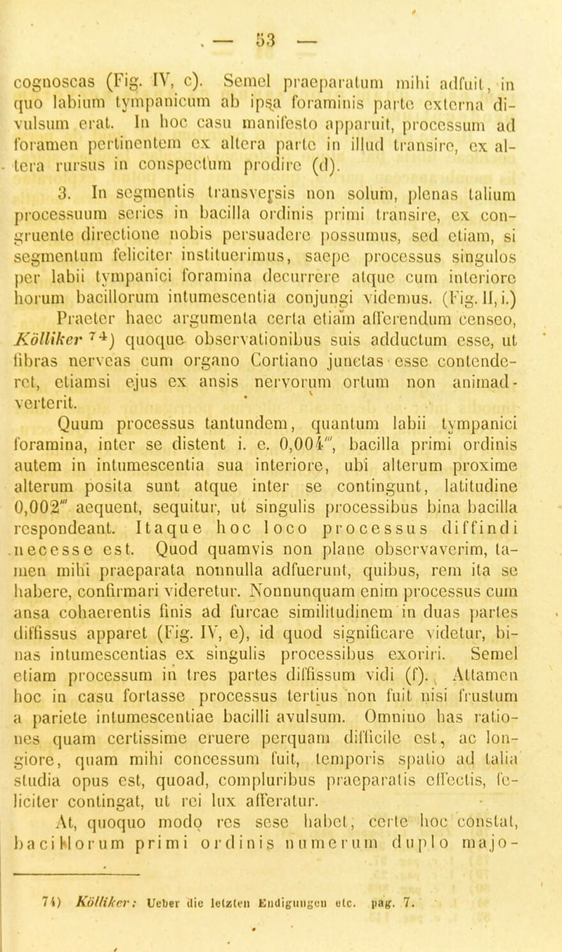cognoscas (Fig. IV, c). Semcl praeparatum mihi adfuit, in quo labium tympanicum ab ipsa foraminis parte externa di- vulsum erat. In hoe casu manifcsto apparuit, proccssum ad Ibramen pefbipentem cx altera partc in illud transiro, ex al- tera rursus in conspcclum prodiro (d). 3. In scgmentis transversis non solum, plenas talium processuum scrics in bacilla ordinis primi transire, cx con- gruente dircctione nobis persuadere ppssumus, sed cliam, si segmentum feliciter instituerimus, saepe proccssus singulos per labii tympanici foramina decurrerc alque cum interiorc horum bacillorum intumescentia conjungi vidcmus. (Fig. II, i.) Praeter haec argumenla certa etiam aderendum censco, Kolliker 74J quoque observationibus suis adductum esse, ut libras nervcas cum organo Cortiano junctas esse contendc- rct, eliamsi ejus ex ansis nervorum ortum non animad - verterit. Quum processus tantundem, quantum labii lympanici foramina, intcr se distent i. c. 0,004', bacilla primi ordinis autem in intumescentia sua interiore, ubi alterum proxime alterum posita sunt atque inter se contingunt, latitudine 0,002' aequent, sequitur, ut singulis processibus bina bacilla rcspondeant. Itaque hoc loco processus diffindi necesse est, Quod quamvis non plane obscrvavcrim, la- men mihi praeparata nonnulla adfuerunt, quibus, rem ita se habere, confirmari videretur. Nonnunquam enim processus cum ansa cohaerentis finis ad furcae simililudinem in duas partes diffissus apparet (Fig. IV, e), id quod significare videtur, bi- nas intumescentias ex singulis processibus exoriri. Semel ctiam processum in tres partes diffissum vidi (f). v Altamen hoc in casu forlasse processus tertms non fuit nisi IVustum a pariete intumescentiae bacilli avulsum. Omniuo has ratio- ues quam certissime eruere perquam diflicile est, ac lon- giore, quam mihi concessum fuit, lcmporis spatio ad lalia sludia opus est, quoad, compluribus praeparalis clfcclis, fe- liciler conlingat, ut rci lux afferalur. At, quoquo modo rcs sese habcl, certc hoc conslat, baciKlorum primi ordinis numcium duplo majo- 74) Kiillikcr: Ueber <lic lelzli-n BudiguDgen ulc. \>ag. 7.