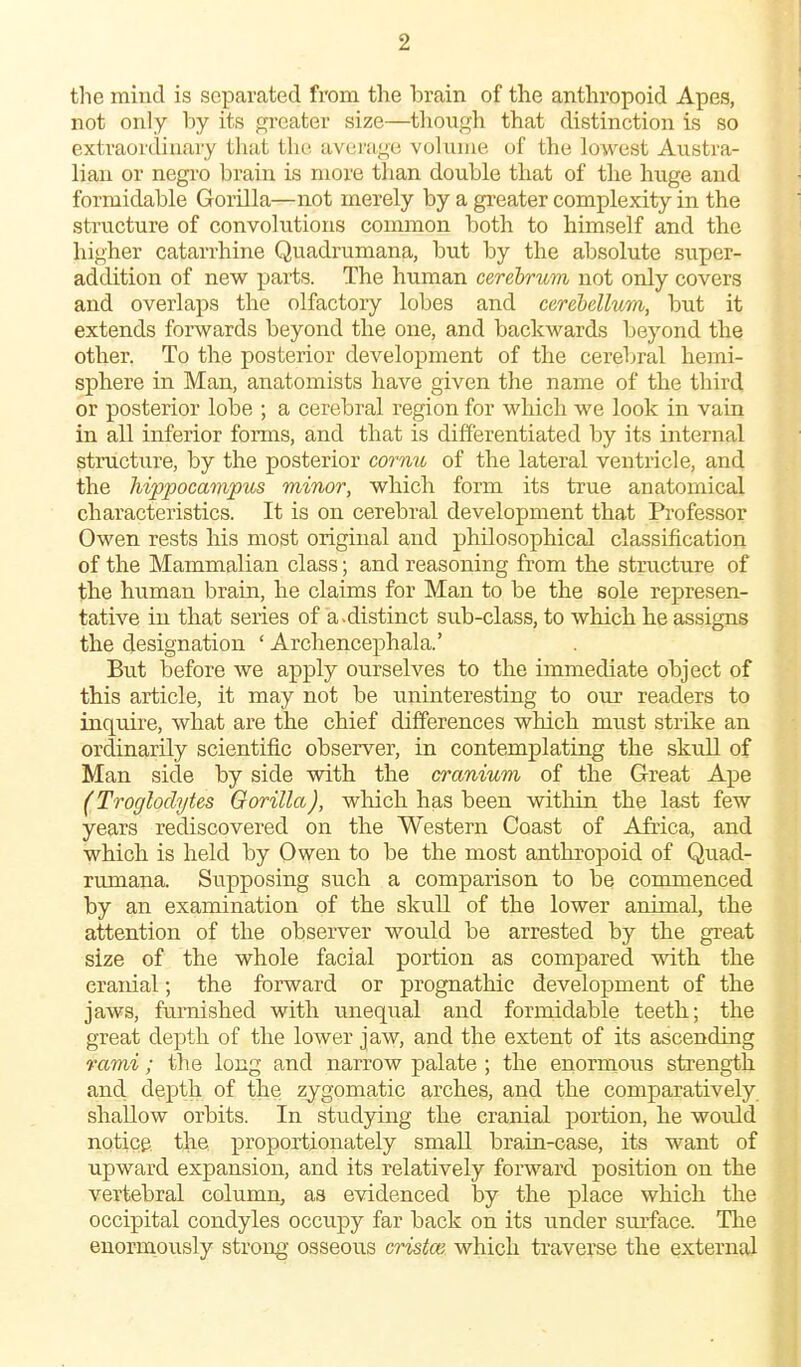 the mind is separated from the brain of the anthropoid Apes, not only by its greater size—tliough that distinction is so extraordinary that the. avenige volume of the lowest Austra- lian or negro brain is more than double that of the huge and formidable Gorilla—not merely by a greater complexity in the structure of convolutions common both to himself and the higher catarrhine Quadrumana, but by the absolute super- addition of new jjarts. The human cerebrum not only covers and overlaps the olfactory lobes and cerebellum, but it extends forwards beyond the one, and backwards beyond the other. To the posterior development of the cerebral hemi- sphere in Man, anatomists have given the name of the third or posterior lobe ; a cerebral region for which we look in vain in all inferior forms, and that is differentiated by its internal structure, by the posterior cornu of the lateral ventricle, and the hippocampus minor, which form its true anatomical characteristics. It is on cerebral development that Professor Owen rests Ms most original and philosophical classification of the Mammalian class; and reasoning from the structure of the human brain, he claims for Man to be the sole represen- tative in that series of a-distinct sub-class, to which he assigns the designation ' Archencephala.' But before we apply ourselves to the immediate object of this article, it may not be nninteresting to our readers to inquire, what are the chief differences which must strike an ordinarily scientific observer, in contemplating the skrdl of Man side by side with the cranium of the Great Ape (Troglodytes Gorilla), which has been within the last few years rediscovered on the Western Coast of Africa, and which is held by Owen to be the most anthropoid of Quad- rumana. Supposing such a comparison to be commenced by an examination of the skull of the lower animal, the attention of the observer would be arrested by the great size of the whole facial portion as compared with the cranial; the forward or prognathic development of the jaws, furnished with unequal and formidable teeth; the great depth of the lower jaw, and the extent of its ascending rami; the long and narrow palate ; the enormous strength and depth of the zygomatic arches, and the comparatively shallow orbits. In studying the cranial portion, he wordd notice, the proportionately small brain-case, its want of upward expansion, and its relatively forward position on the vertebral column, as evidenced by the place which the occipital condyles occupy far back on its under sui-face. The enonnously strong osseous cristce which traverse the external