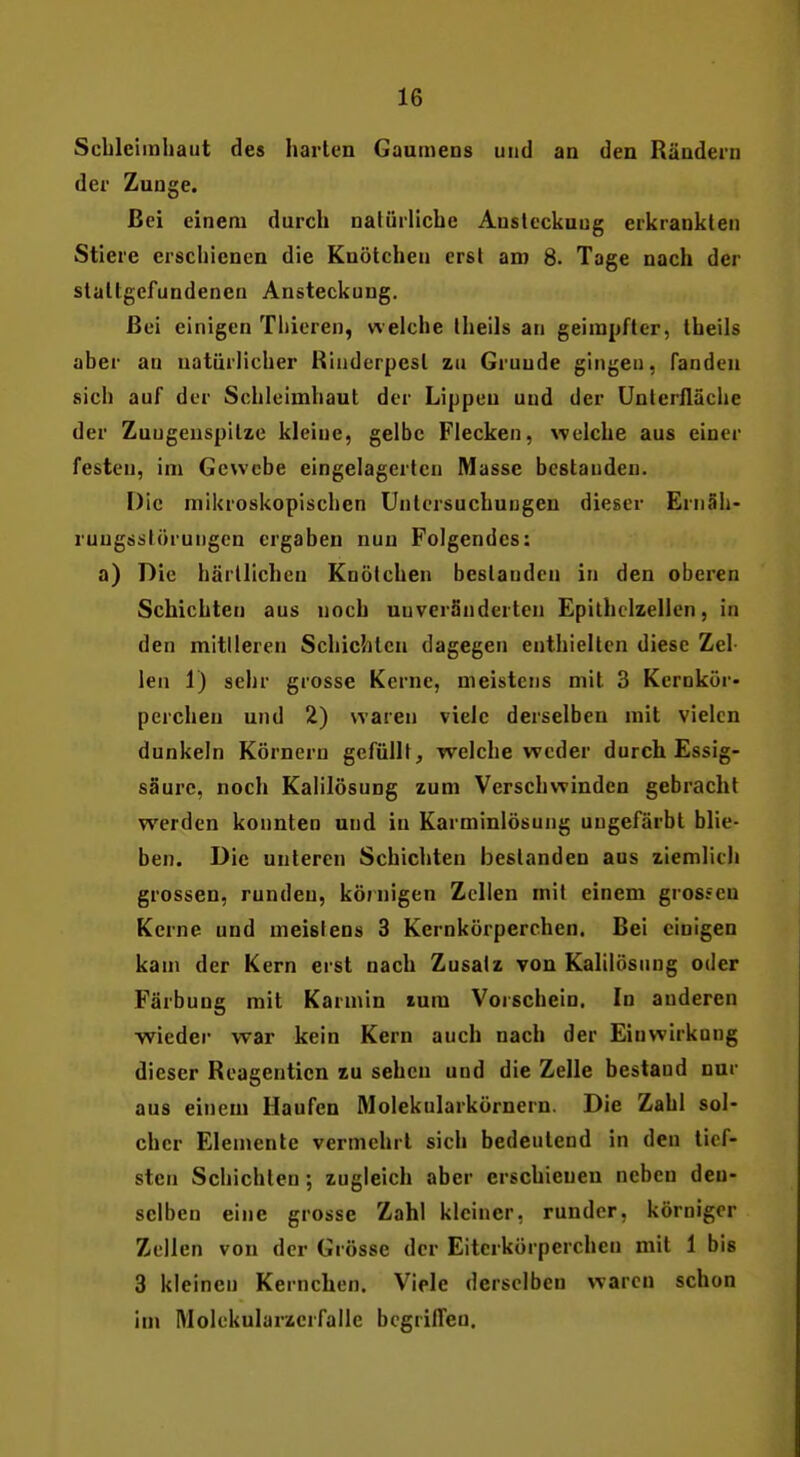 Scbleiinliaut des harten Gaumens und an den Rändern der Zunge. Bei einem durch natürliche Ansleckuug erkrankten Stiere erschienen die Knötchen erst am 8. Tage nach der slattgefundenea Ansteckung. Bei einigen Thieren, welche Iheils an geimpfter, theils aber an natürlicher Kinderpest zu Grunde gingen, fanden sich auf der Schleimhaut der Lippen und der Unlerfläche der Zungenspitze kleine, gelbe Flecken, welche aus einer festen, im Gewebe eingelagerten Masse bestanden. Die mikroskopischen Untersuchungen dieser Ernäh- rungsstörungen ergaben nun Folgendes; a) Die härllichcn Knötchen bestanden in den oberen Schichten aus noch unverSnderten Epithclzellen, in den mitlleren Schichten dagegen enthielten diese Zel- len 1) sehr grosse Kerne, meistens mit 3 Kcrnkör- perchen und 2) waren viele derselben mit vielen dunkeln Körnern gefüllt, welche weder durch Essig- säure, noch Kalilösung zum Verschwinden gebracht werden konnten und in Karminlösung ungefärbt blie- ben. Die unteren Schichten bestanden aus ziemlich grossen, runden, körnigen Zellen mit einem grosfcn Kerne und meistens 3 Kernkörperchen. Bei einigen kam der Kern erst nach Zusatz von Kalilösnng oder Färbung mit Karmin lum Vorschein. In anderen Wiedel- war kein Kern auch nach der Einwirkung dieser Reagenticn zu sehen und die Zelle bestand nur aus einem Haufen Molekularkörnern. Die Zahl sol- cher Elemente vermehrt sich bedeutend in den tief- sten Schichten; zugleich aber erschienen neben den- selben eine grosse Zahl kleiner, runder, körniger Zellen von der Grösse der Eitcrkörperchen mit 1 bis 3 kleinen Kernchen. Viele derselben waren schon im Moloknlarzcrfalle bcgrifTeu.