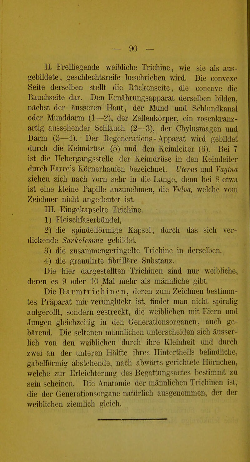 II. Freiliegende weibliche Trichine, wie sie als aus- gebildete, geschlechtsreife beschrieben wird. Die convexe Seite derselben stellt die Rückenseite, die concave die Bauchseite dar. Den Ernährungsapparat derselben bilden, nächst der äusseren Haut, der Mund und Schlundkanal oder Munddarm (1—2), der Zellenkörper, ein rosenkranz- artig aussehender Schlauch (2—3), der Chylusmagen und Darm (3—4). Der Regenerations - Apparat wird gebildet durch die Keimdrüse (5) und den Keimleiter (6). Bei 7 ist die Uebergangsstelle der Keimdrüse in den Keimleiter durch Farre's Körnerhaufen bezeichnet. Uterus und Vagina ziehen sich nach vorn sehr in die Länge, denn bei 8 etwa ist eine kleine Papille anzunehmen, die Vulva, welche vom Zeichner nicht angedeutet ist. III. Eingekapselte Trichine. 1) Fleischfaserbündel, 2) die spindelförmige Kapsel, durch das sich ver- dickende Sarkolemma gebildet. 3) die zusammengeriugelte Trichine in derselben. 4) die grauiüirte fibrilläre Substanz. Die hier dargestellten Trichmen sind nur weibliche, deren es 9 oder 10 Mal mehr als männliche gibt Die D a r m t r i c h i n e n, deren zum Zeichnen bestimm- tes Präparat mir verunglückt ist, findet man nicht spiralig aufgerollt, sondern gestreckt, die weiblichen mit Eiern und Jungen gleiclizeitig in den Generationsorganen, auch ge- bärend. Die seltenen männlichen unterscheiden sich äusser- lich von den weiblichen durch ihre Kleinheit und durcli zwei au der miteren Hälfte ihres Hintertheils befindliche, gabelförmig abstehende, nach abwärts gerichtete Hörnchen, welche zur Erleichterimg des Begattungsactes bestimmt zu sein scheinen. Die Anatomie der männlichen Trichinen ist, die der Generationsorgane natürlich ausgenommen, der der weiblichen ziemlich gleich.
